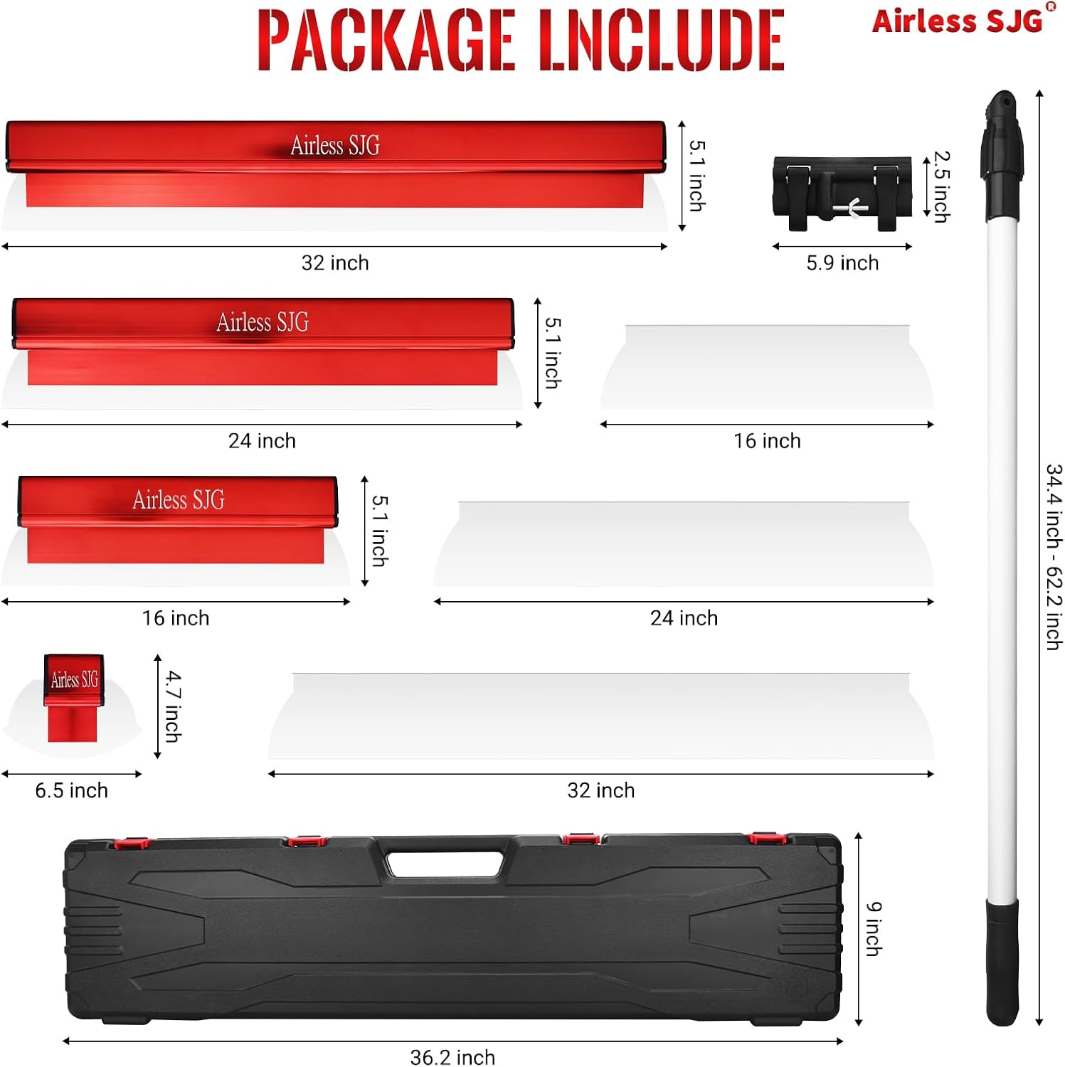Aluminum-Handle Drywall Skimming Blade Set – 6.5',16', 24', 32' Stainless Steel Blades with 3pc Extra Replaceable Blades,34'-62' Extension Pole,Drywall Finishing Tools with Portable Case