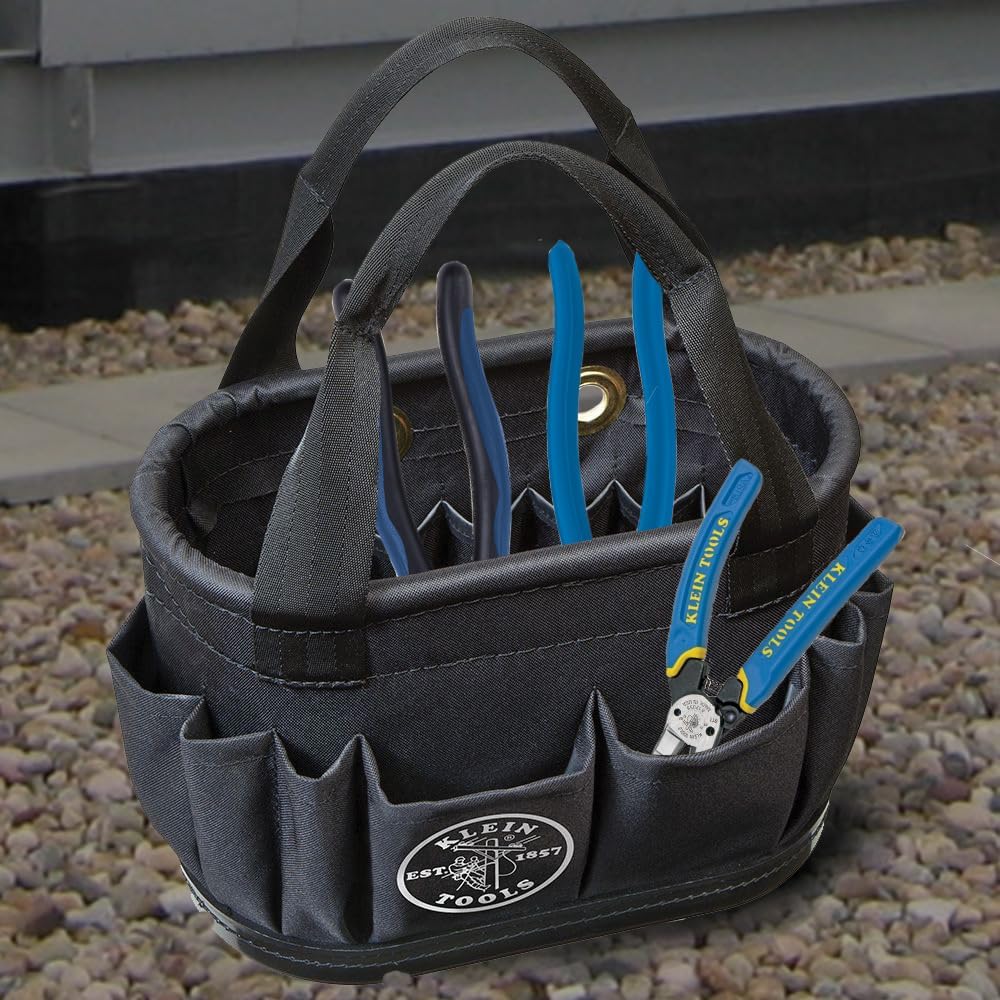 Klein Tools 631 Tool Set, Nut Driver Set w/Hex Nut Sizes 3/16, 1/4, 5/16, 11/32, 3/8, 7/16 & 5144BHB14OS Hard-Body Bucket, Aerial Oval Tool Bucket with Drain Holes, 29 Pockets