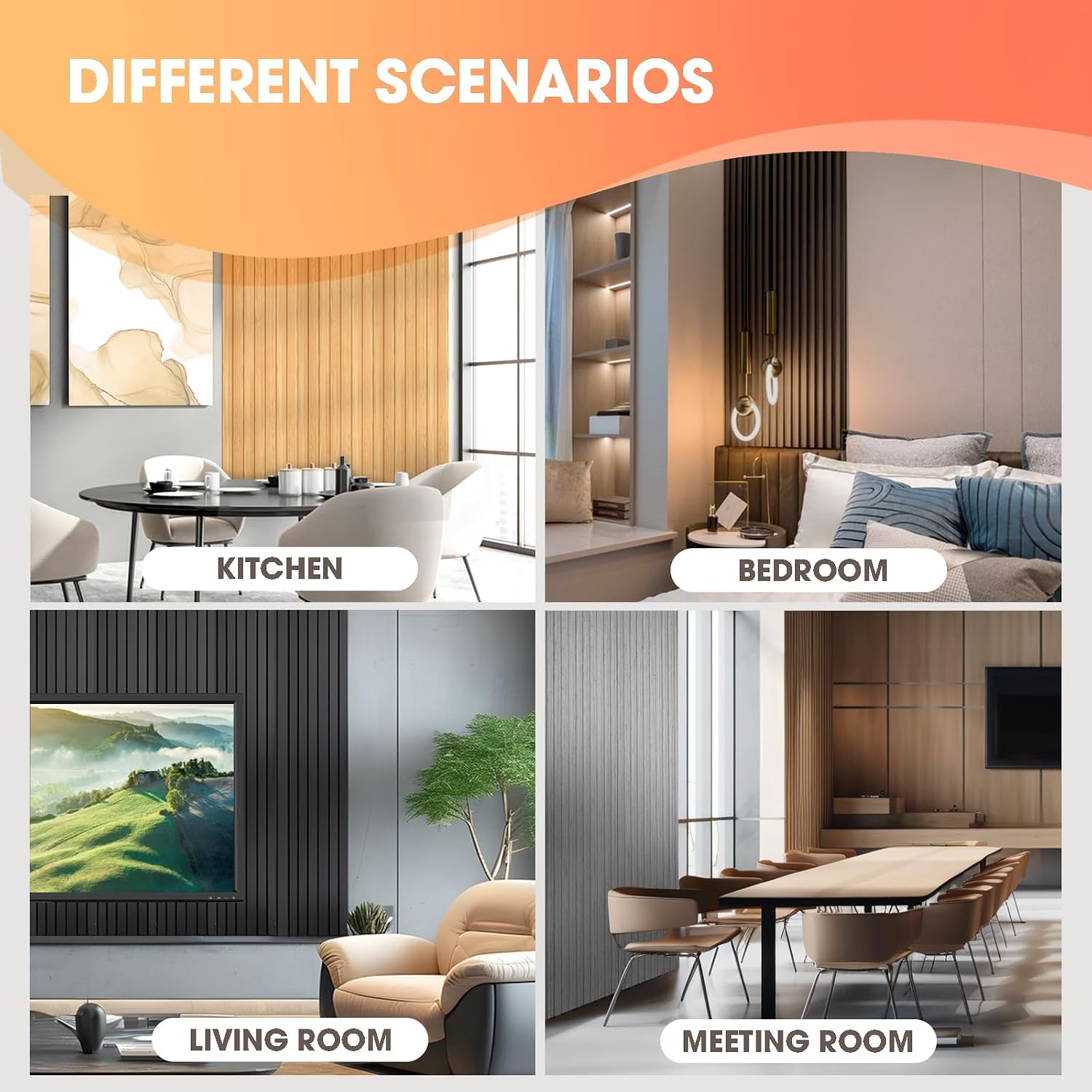 OUZUGIE WPC Acoustic Slat Wall Paneling, 8-Pack 96 x 6 Inches 3D Wall Panels for Interior Wall Decor,Living Room,TV Background,Study Room,Office Spaces,Bedroom,Low Grille (Oak)
