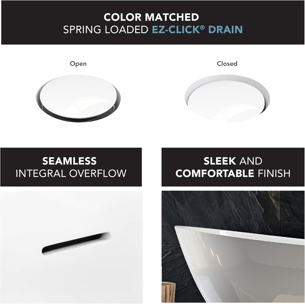 Transolid Freestanding Soaking Acrylic Bathtub with Center Drain | Bath Pillow | Non-Porous Acrylic | 10-Year Warranty (Gloss White, 59' Aaliyah)