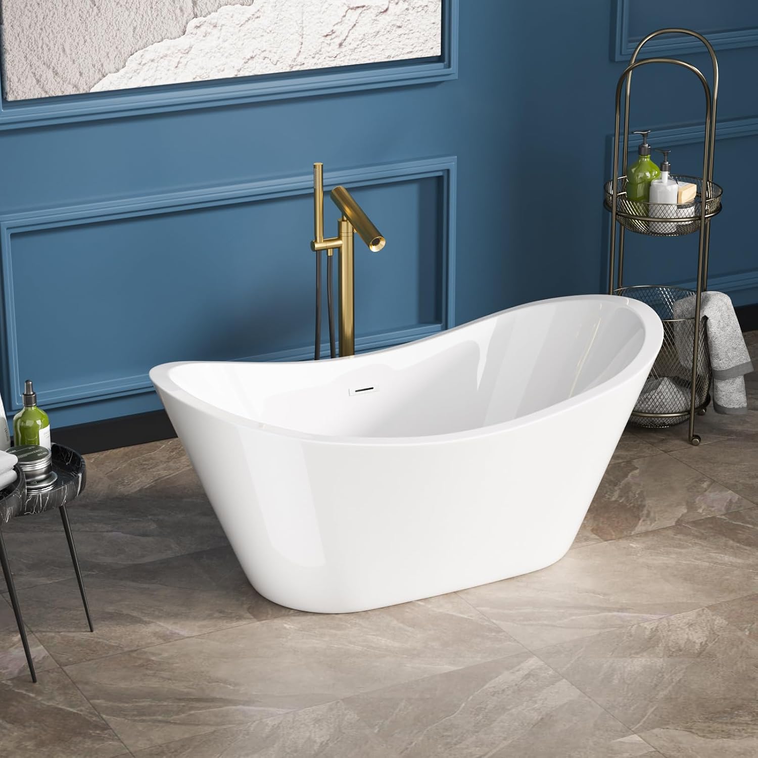 Sarlai 59 Inch Acrylic Freestanding Soaking Bathtub Contemporary Soaking White Tub Stand Alone Ergonomic Bathtub with Chrome Drain and Overflow