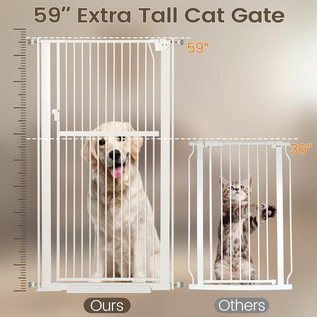 59' Extra Tall Pet Gate, Durable Metal Cat Gate with Double Safety Lock & Walk Thru Door - Self Closing/Stay Open/Open Both Ways, Pressure Mounted Dog Gate for Indoor Stairs, Doorways, Hallways