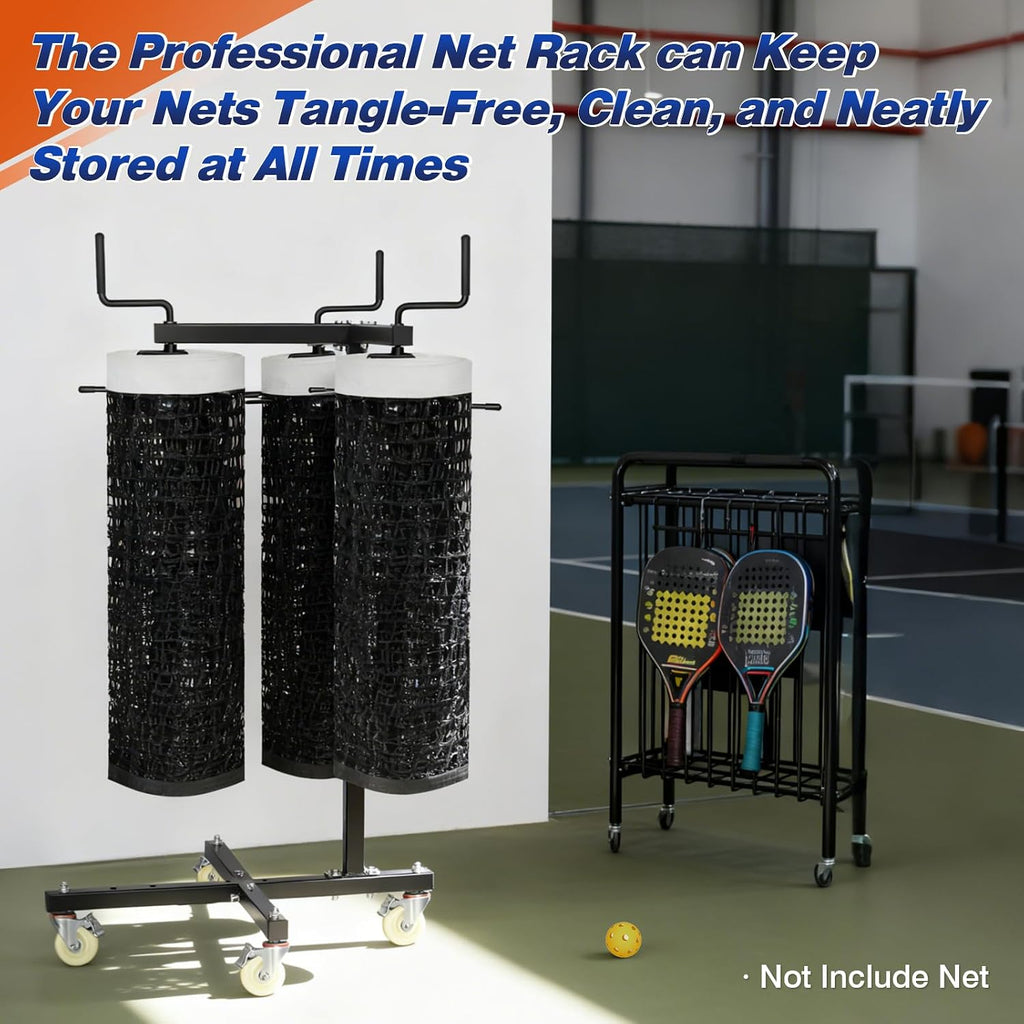 Movable Sports Net Storage Rack with Lockable Wheels, Heavy-Duty Holder for Volleyball, Tennis, Pickleball, Badminton Nets, Space-Saving Support Rack with Swivel Handle & Dust Covers