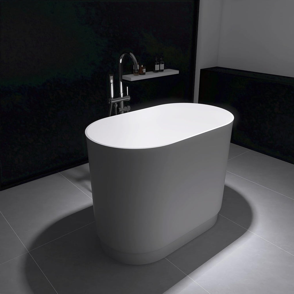 39' Japanese Soaking Bathtub, Freestanding Solid Surface Resin Stone Bathtub Modern Stand Alone Tub with Pop-up Drain and Overflow, cUPC Certified, Matte White 328MW1000
