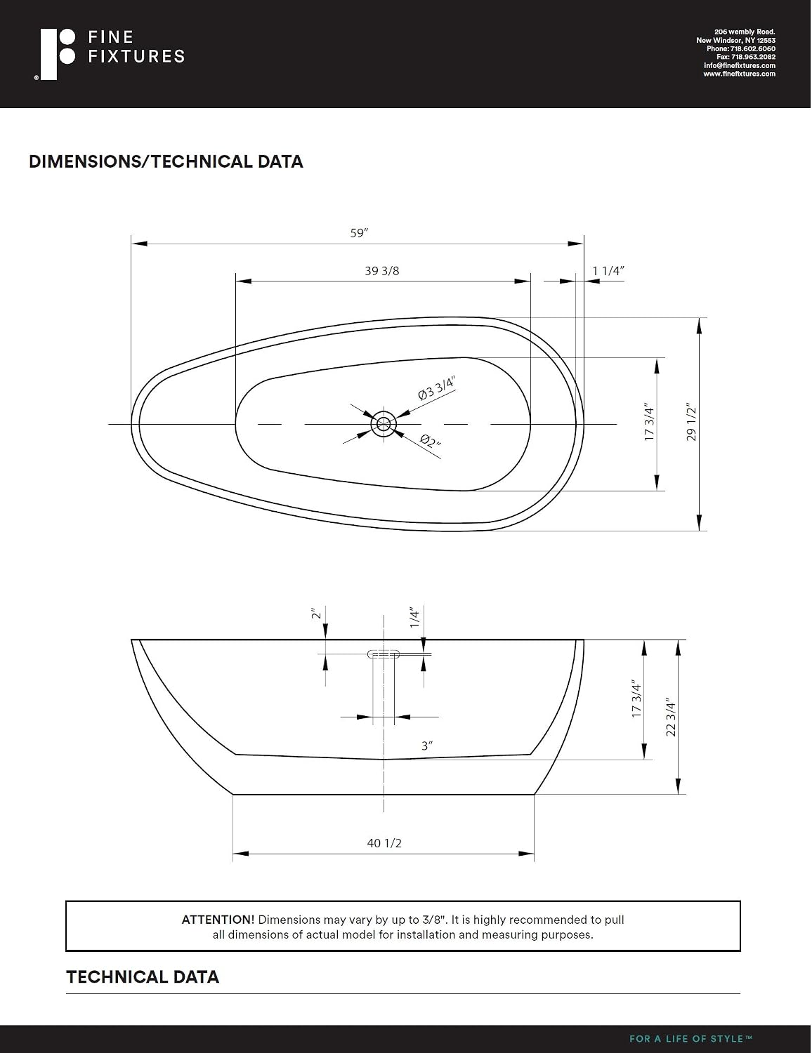 Fine Fixtures Capsule Freestanding Bathtub White 59' With Drain Included