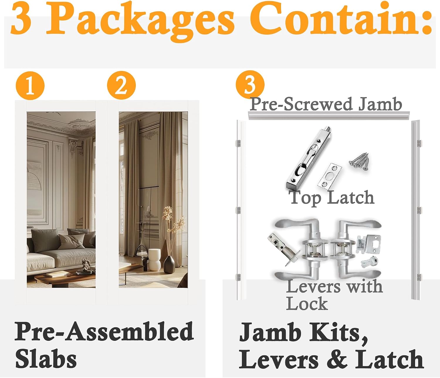 Prehung French Door 48' x 80' (2x24 in), Mirror Door Slabs with Jamb, Silver Hinges, 4 Levers & Latch, Solid Core Interior Door, Pre-Finished & Paintable, One Side Mirror & The Opposite White