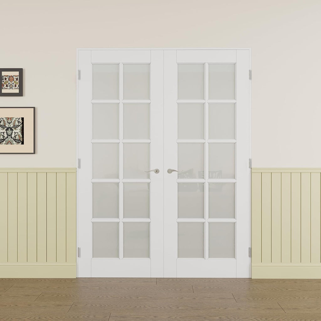 Prehung French Door 60' x 80' (2x30 in), Tempered Frosted Glass Door Slabs with Jamb, Silver Hinges, 4 Levers & Latch, Solid Core Interior Door, Pre-Finished & Paintable, MDF Double Doors Interior