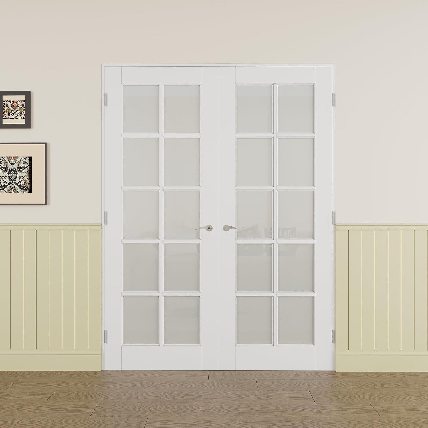 Prehung French Door 60' x 80' (2x30 in), Tempered Frosted Glass Door Slabs with Jamb, Silver Hinges, 4 Levers & Latch, Solid Core Interior Door, Pre-Finished & Paintable, MDF Double Doors Interior