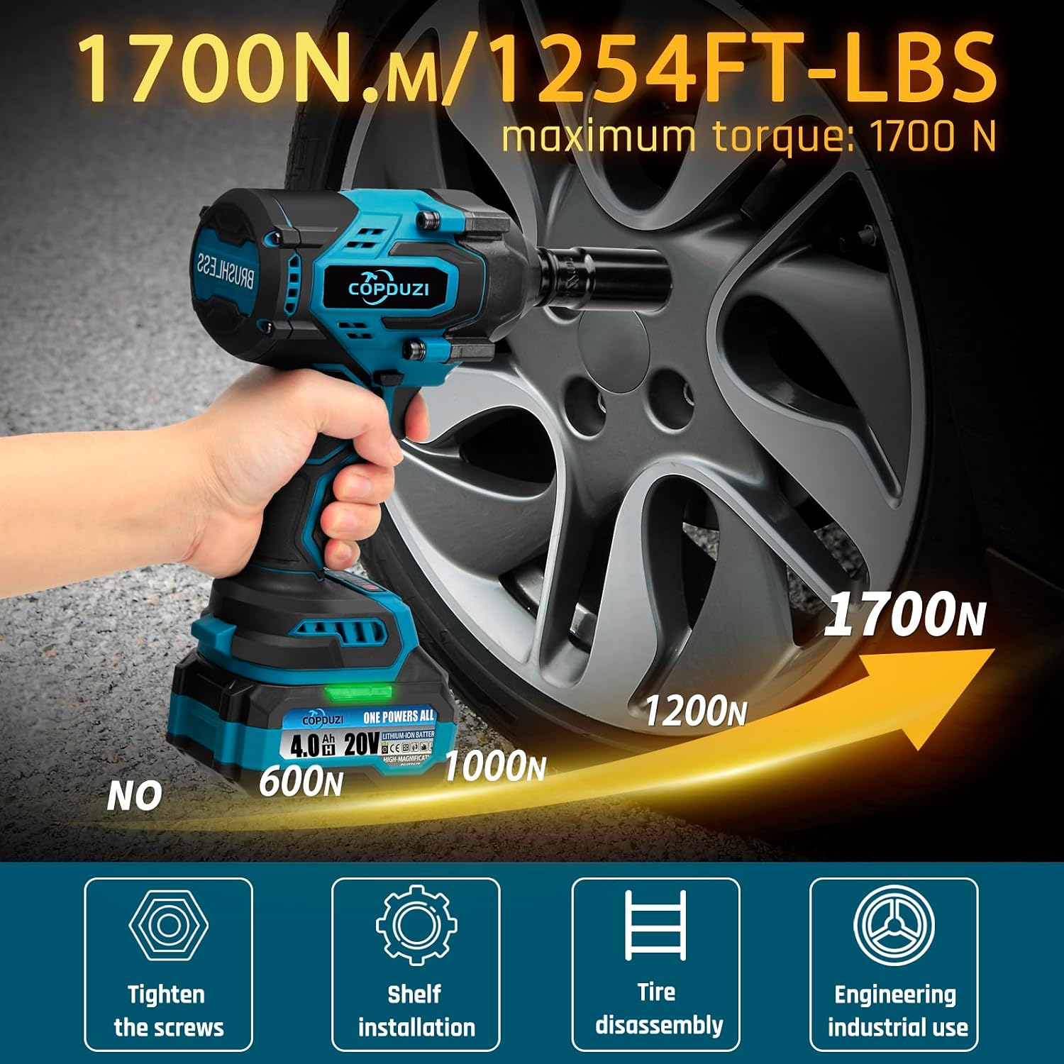 1700Nm 1/2' Cordless Impact Wrench, 1253 Ft-lbs Brushless Impact Gun, 20V High Torque Impact Driver with 2 x 4.0Ah Batteries 6 Sockets & Case, Pistola De Impacto for Home Car Tire Heavy Truck