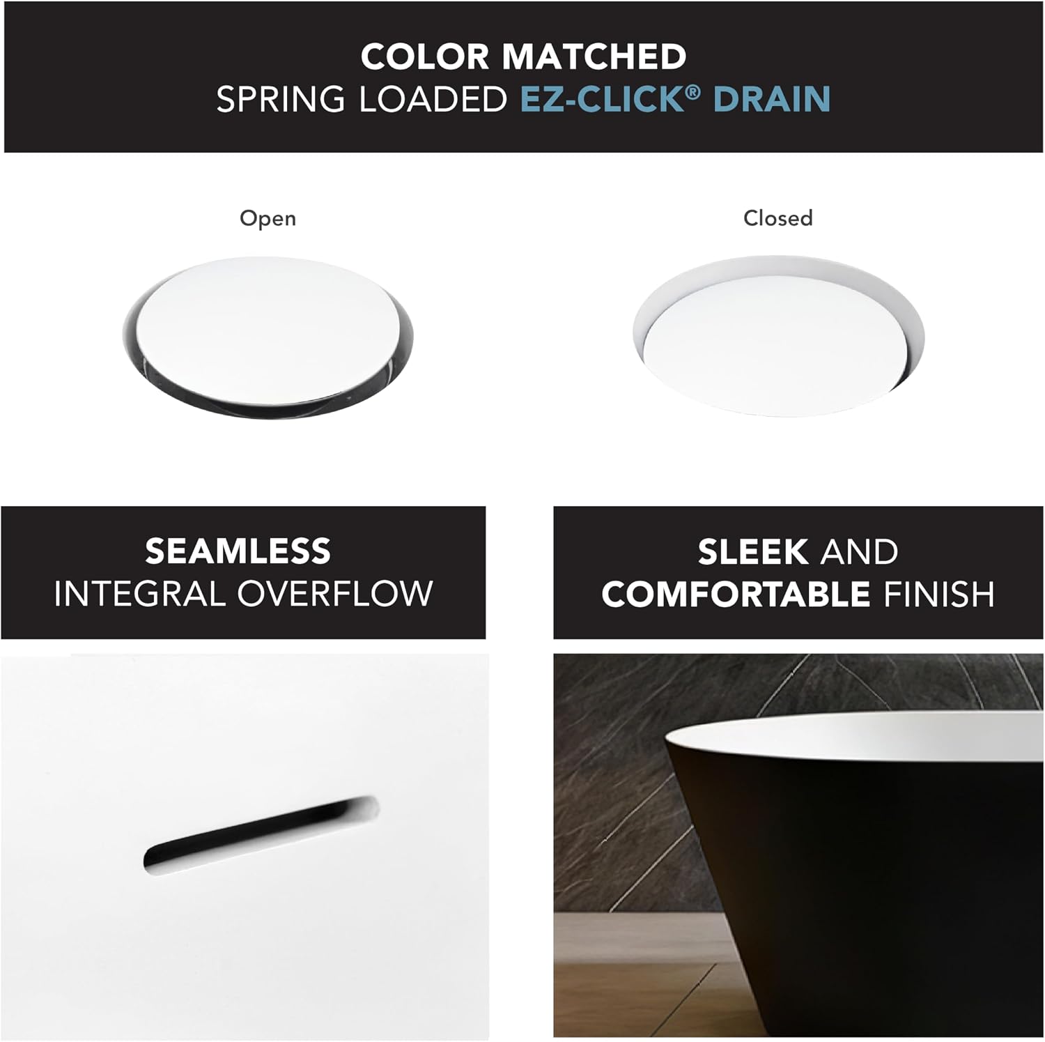 Transolid Maris 59 in. Freestanding Deep Soaking Bathtub | 31 in. Wide Acrylic Flatbottom | Center Drain | Bath Pillow Included | 23 in. Confirmed Soak Depth | Matte Black/White | K-AFTM5931-M3109