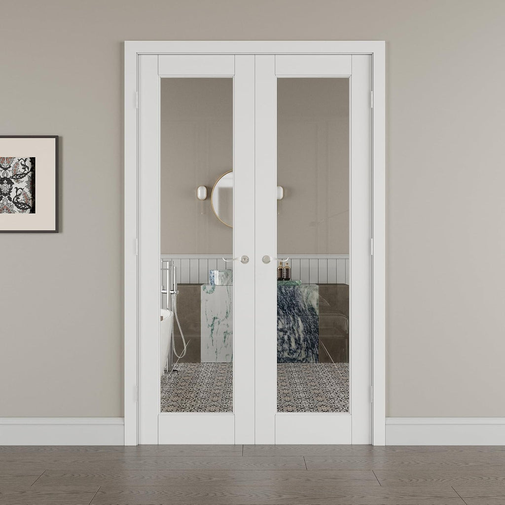 48' x 80' French Doors Interior (Double 24' x 80' Clear Glass Door with Silver Hinge Prehung Jamb Kit), Pre-Finished & Paintable, Prebuilt Home Door Panels & Assembly Required Jamb