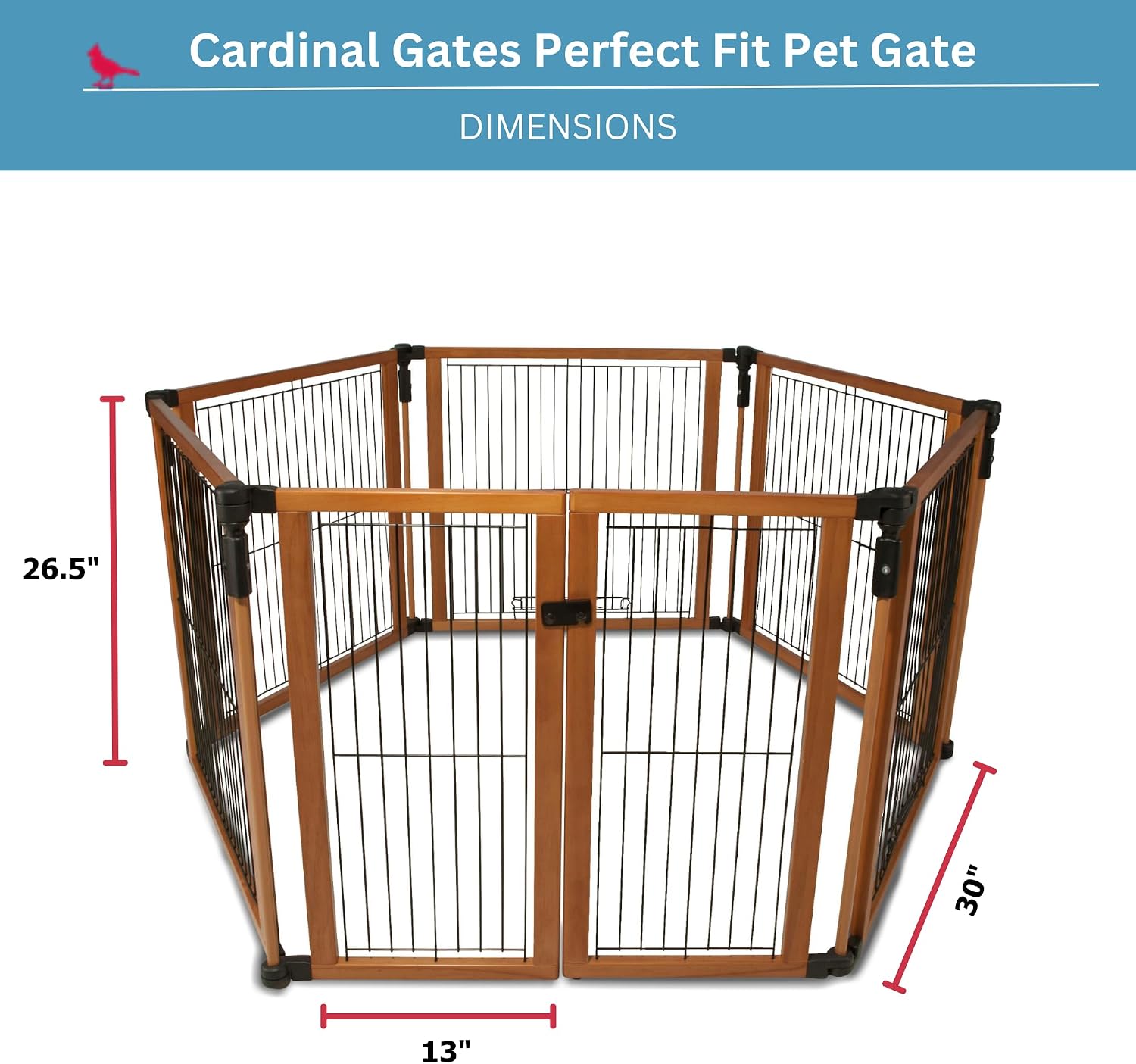 Cardinal Gates Pet Gate - Dog Playpen Indoor - Pet/Puppy Exercise Pen Great for Containment - 5 Fixed Panels and One 2-Part Panel with a Latch - Highly Configurable - USA Based