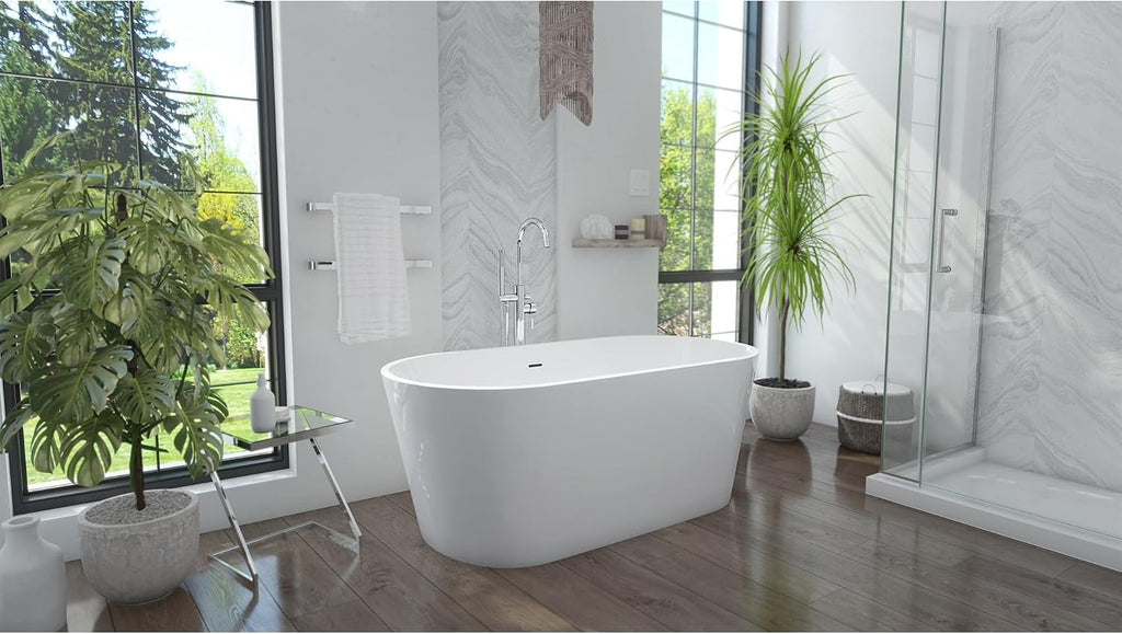 DreamLine Enigma 47 inch L x 27 1/2 inch W x 22 7/8 inch H Freestanding Acrylic Bathtub with Chrome Drain