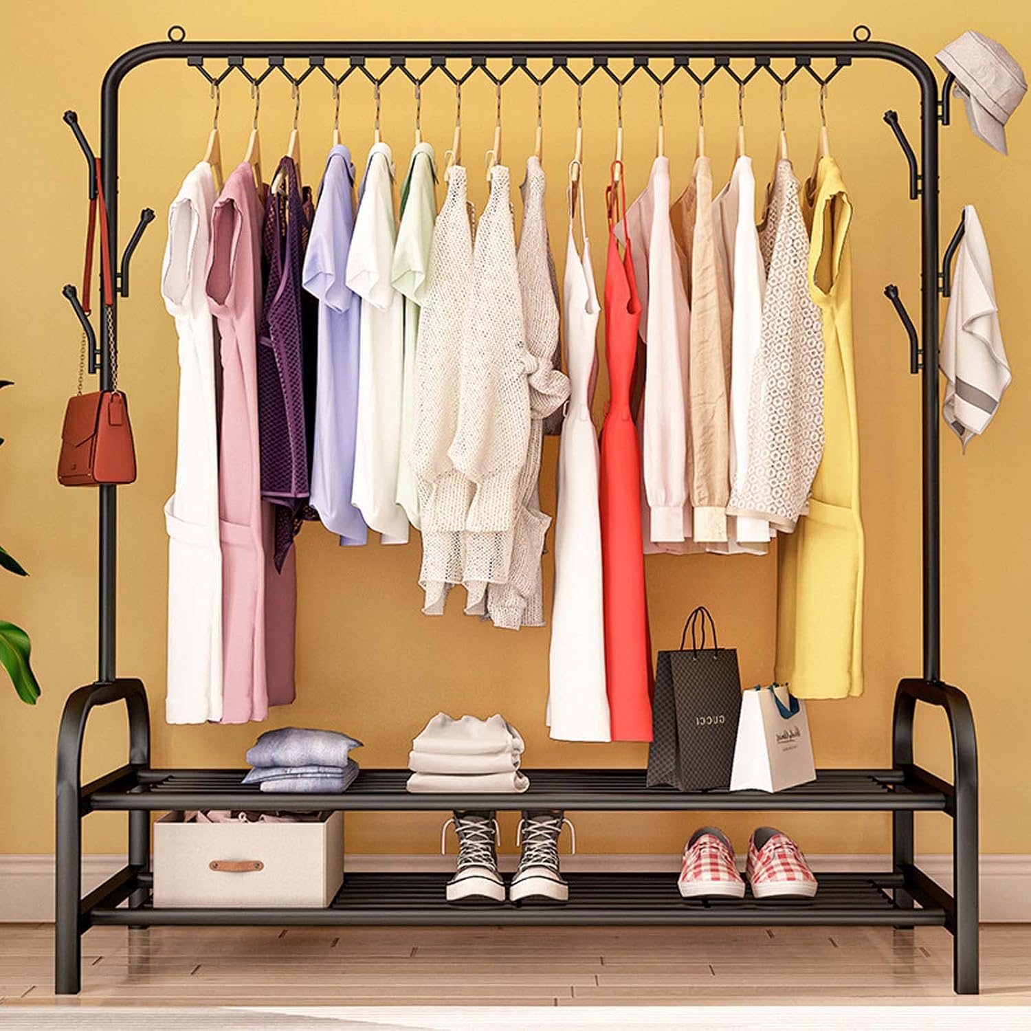 Drying Rack Clothing Foldable Small, Black | Hanger Rack with Shelves, Heavy Duty, Windproof Hooks, Indoor Outdoor