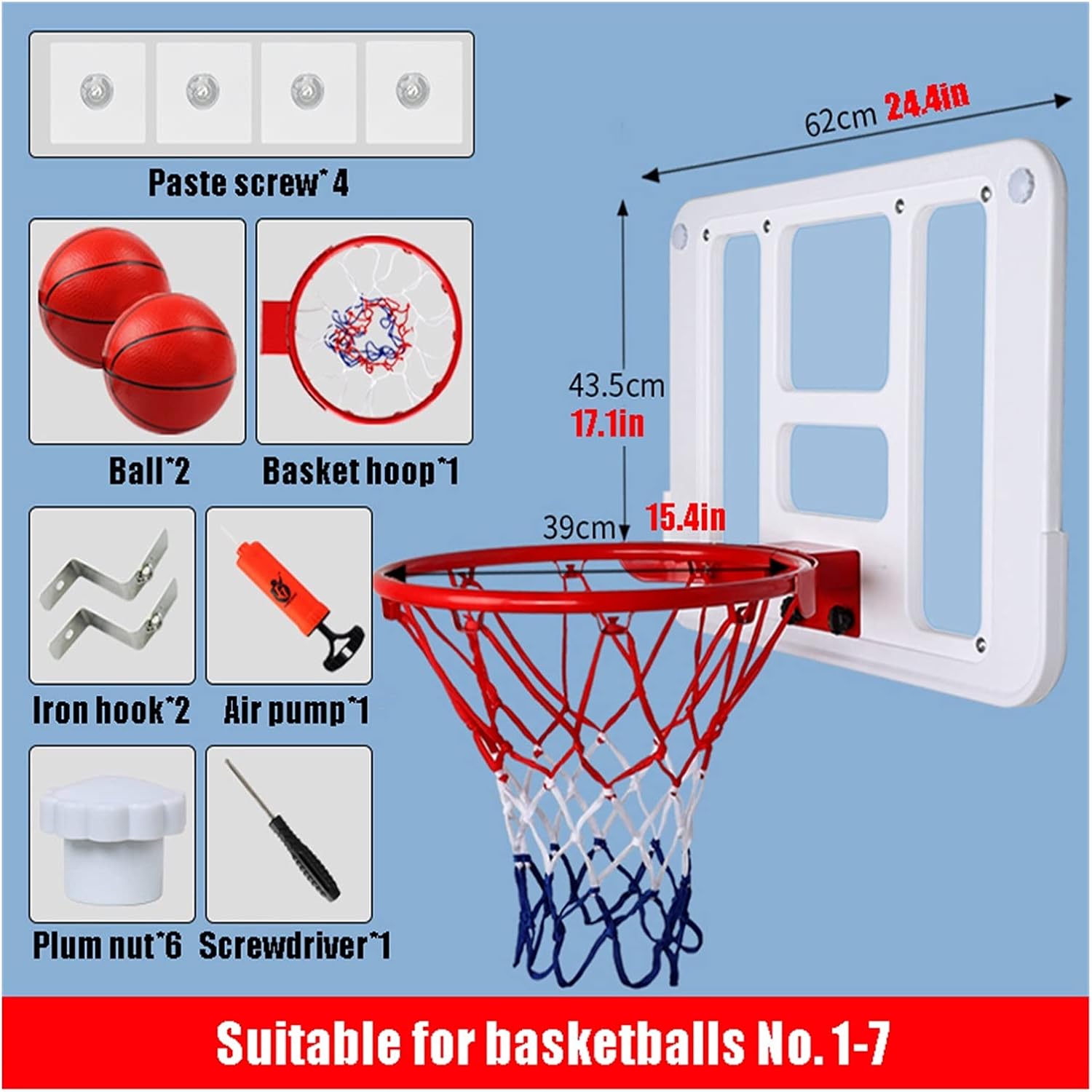 Mini Basketball Hoop Set, Portable Wall-Mounted Backboard, Indoor Basketball Group for Home, Office, Bedroom, 62x43.5cm