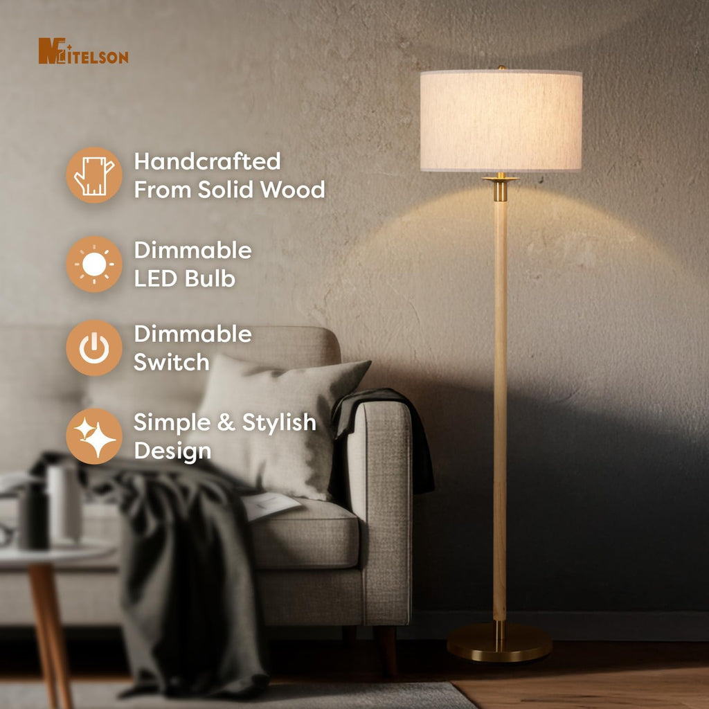 Floor Lamp, Modern Lamp with Dimmer Switch and Bulb, Mid Century Lamp with Linen Shade, Great Living Room Décor, Tall Lamp, Standing Lamp for Bedroom and Office, Natural Wood