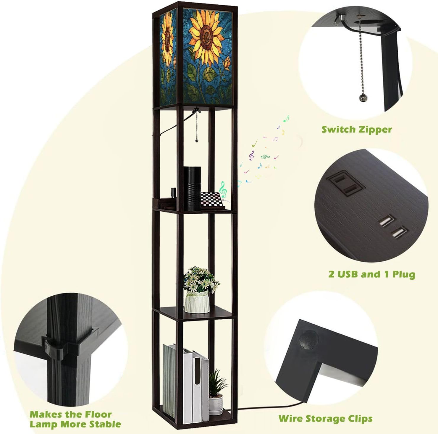 Floor Lamp with Shelves Sunflower Stained Glass for Windows Home Decor Standing Tall Lamp USB Ports & Power Outlet Modern Corner Lamp Nightstand Light for Living Room Bedroom