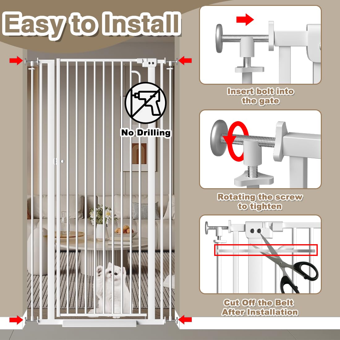 57' Extra Tall Cat Gate, 48.0'-52.7' Wide Pet Gate for Doorway, Pressure Mounted Tall Baby Gate with Door, Walk Through Dog Gate Indoor Stairs, Auto Close Cat Safety Gates, White