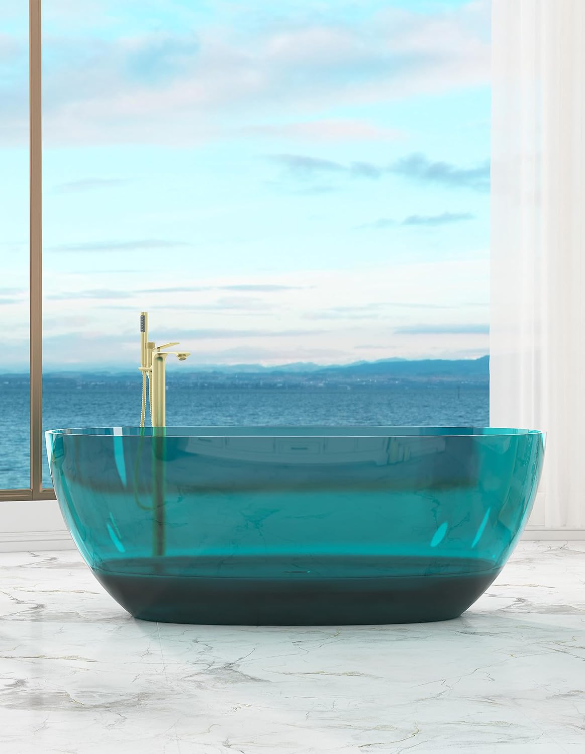CASAINC 59' Soaking Tub Transparent Resin Freestanding Bathtub Modern Oval Design Stand Alone Tub with Pop-up Drain, 66.56 Gallons Water Storage Capacity 415 MM Soaking Depth, Transparent Sea Blue