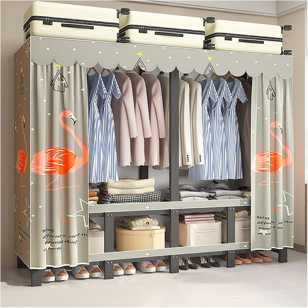 Foldable Wardrobe Closet With Cover, Metal Clothing Rack For Hanging Clothes, Portable Coat Storage Garment Rack, One-Piece Folding Base, For Bedroom, Dorm(Grey2,190cm/74.8inch)