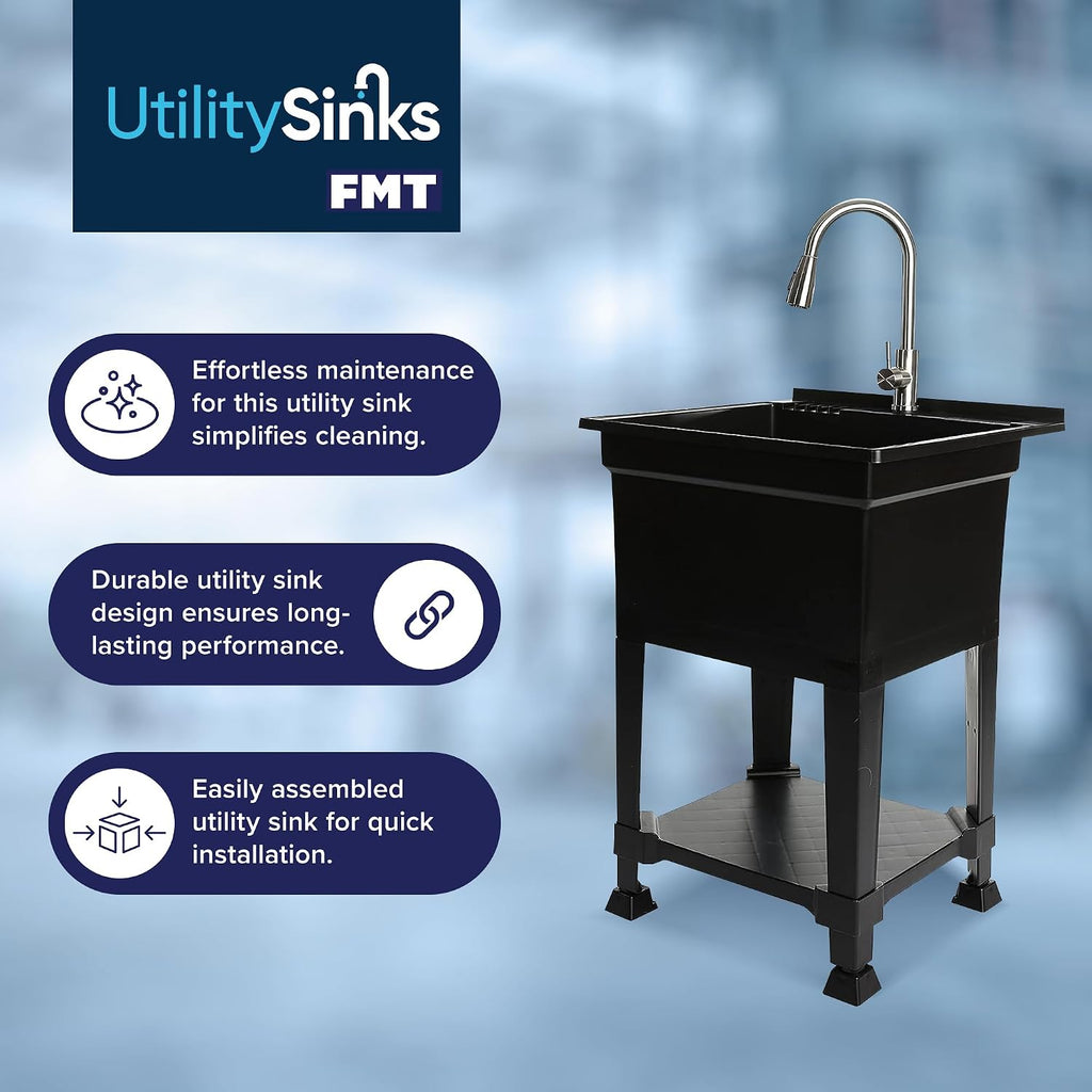 UTILITYSINKS Freestanding Utility Tub Sink with Quick Connect Drain, 24 x 24', Black - Portable and Compact Sink with Faucet for Outdoor Kitchen, Laundry Room, Garage, and Basement
