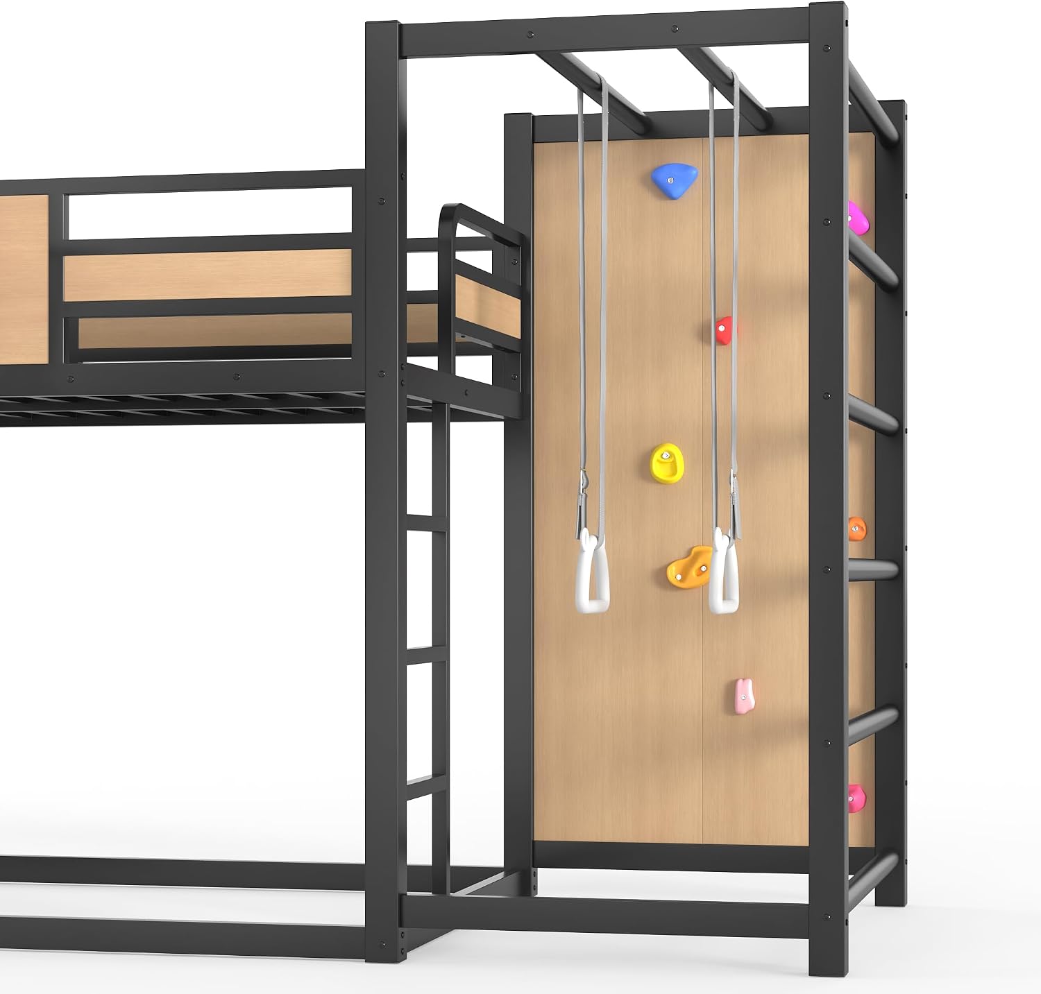 Bellemave Metal Twin Over Twin Bunk Bed Frame with Slide,Twin Size Floor Bunk Bed and Basketball Hoop,Pull-up Rings and Climbing Wall,Heavy Duty Bunk Beds with Bookshelves for Kids Girls Boys,Natural