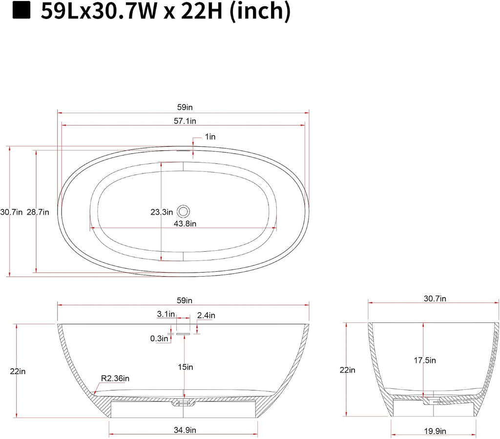 59'' Freestanding Bathtub Resin Stone Soaking Bathtub Solid Tubs with Overflow and Pop up Drain