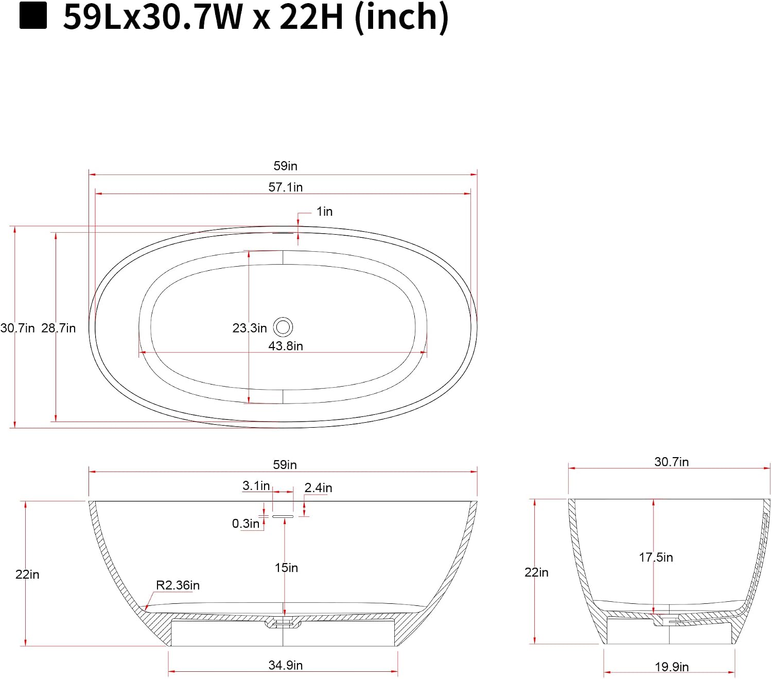 59'' Freestanding Bathtub Resin Stone Soaking Bathtub Solid Tubs with Overflow and Pop up Drain