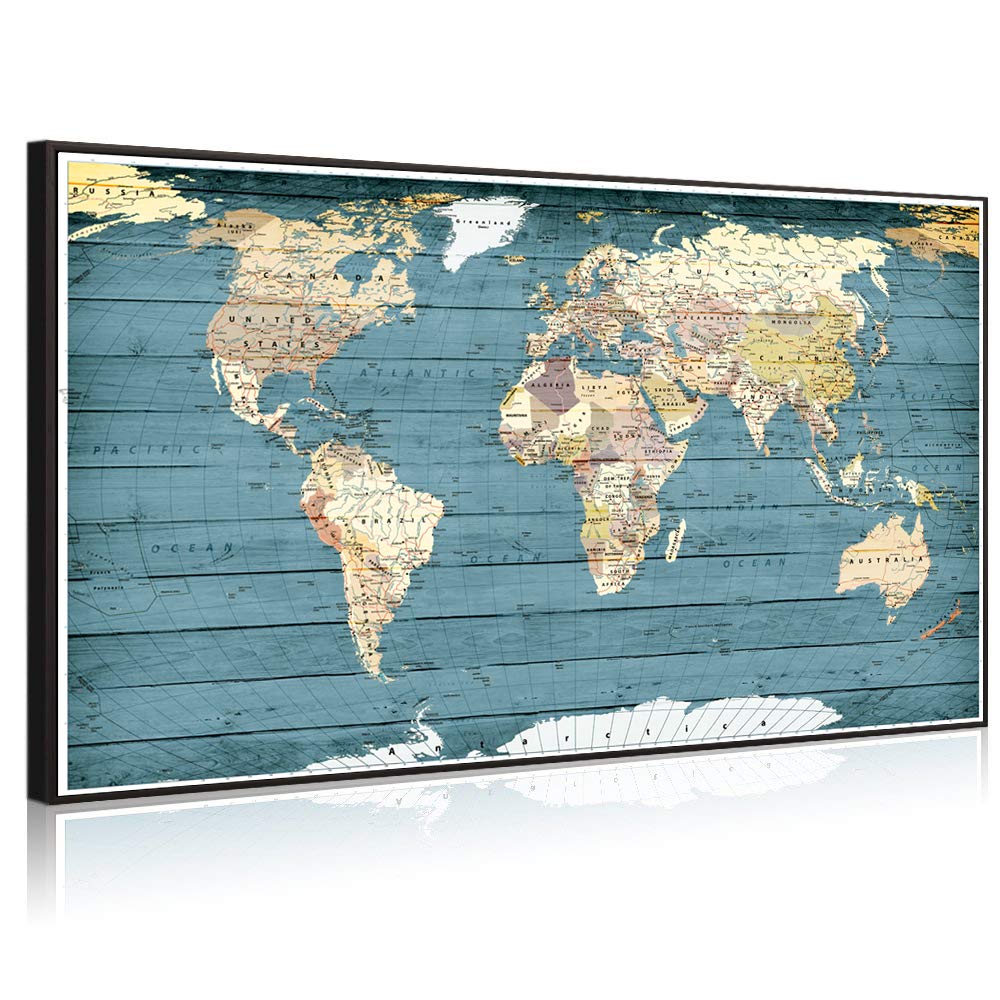 Welmeco XLarge Blue Rustic Wood Background Detailed World Map Canvas Prints with Black Frame Vintage Travel Map of The World Picture for Modern Home Office Living Room Decoration, 32x55inch Large Size