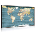 Welmeco XLarge Blue Rustic Wood Background Detailed World Map Canvas Prints with Black Frame Vintage Travel Map of The World Picture for Modern Home Office Living Room Decoration, 32x55inch Large Size