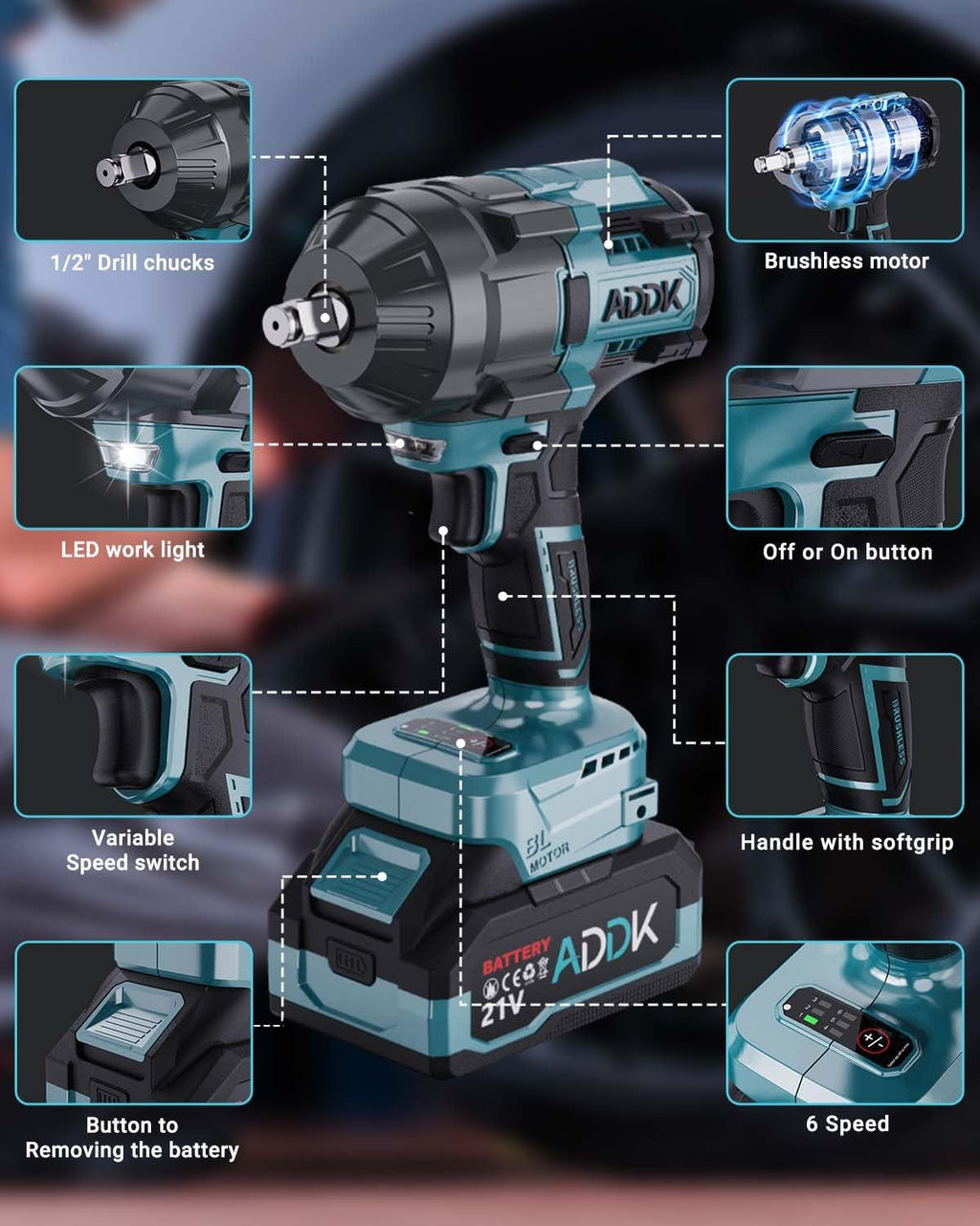 21V Cordless Impact Wrench Kit, 1200Ft-lbs (1600N.m) 1/2' Brushless Impact Gun with 6 Mode Speed, Electric 2600RPM High Torque Power Impact Driver for Car Truck Mower (1600Nm)