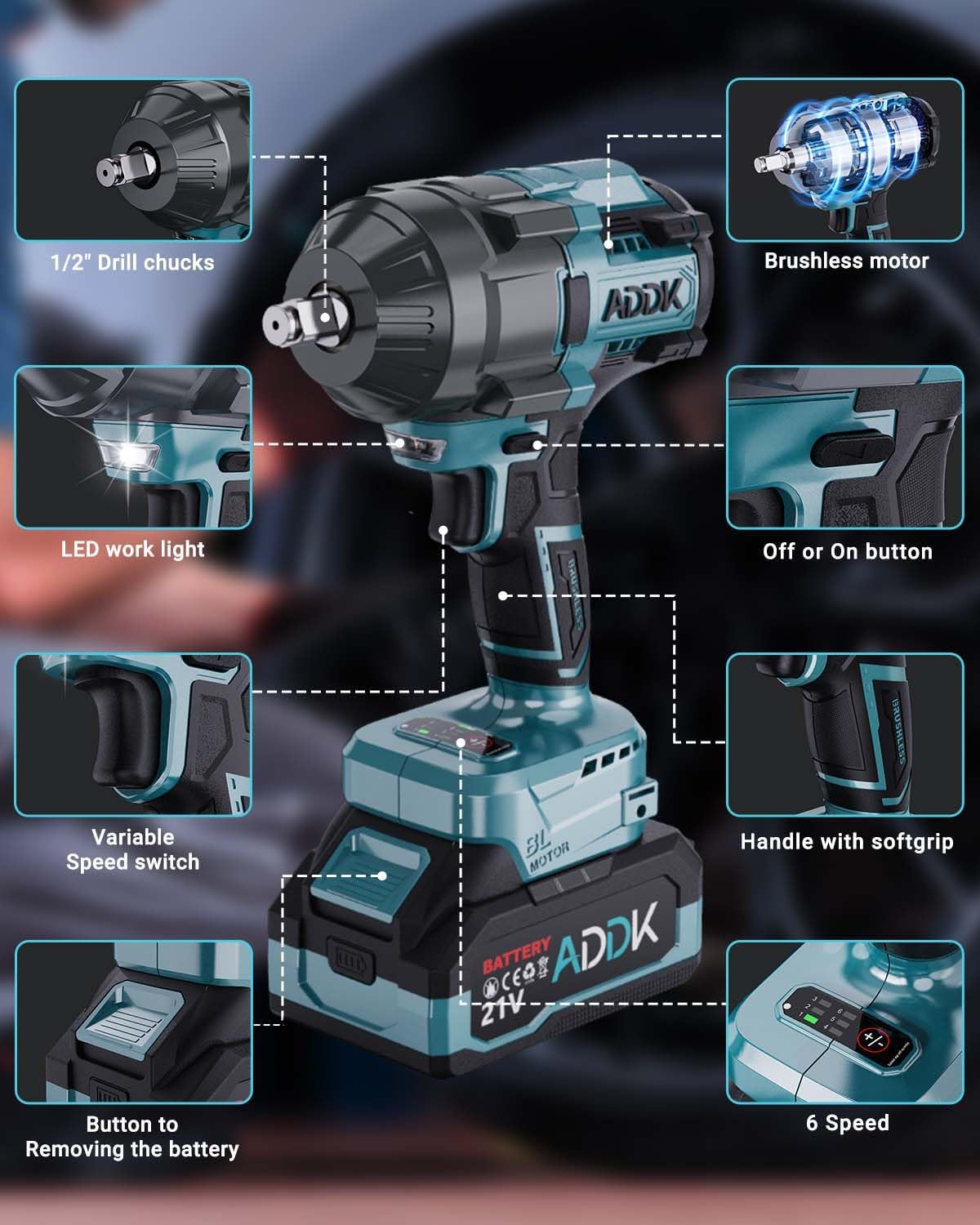 21V Cordless Impact Wrench Kit, 1200Ft-lbs (1600N.m) 1/2' Brushless Impact Gun with 6 Mode Speed, Electric 2600RPM High Torque Power Impact Driver for Car Truck Mower (1600Nm)