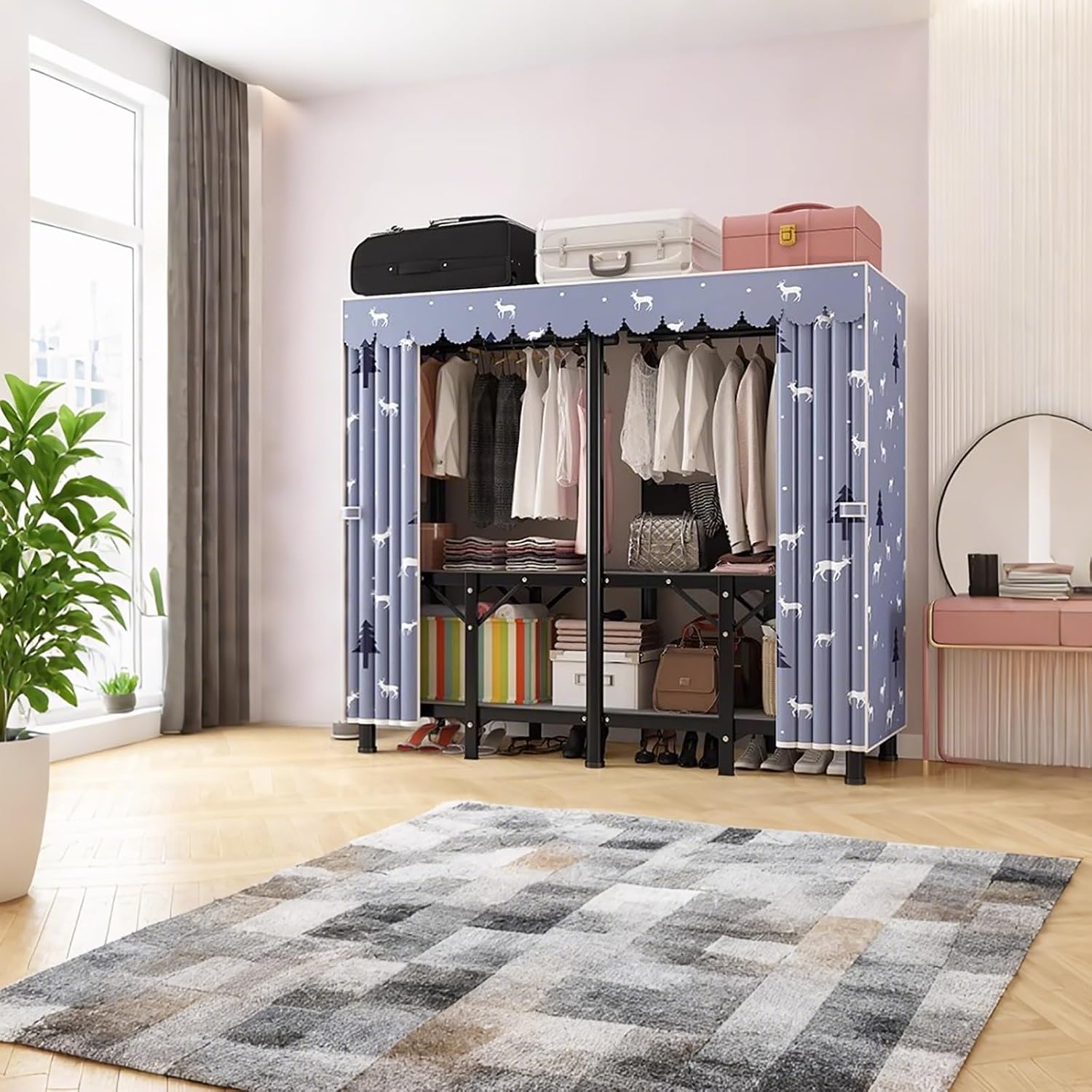 Portable Closet Organizers Wardrobe with Shelves and Hanging Rod Non-Woven Fabric Cover Clothing Rack Closet Rack for Cloakroom Bedroom(Blue,L100*W45*H170cm)