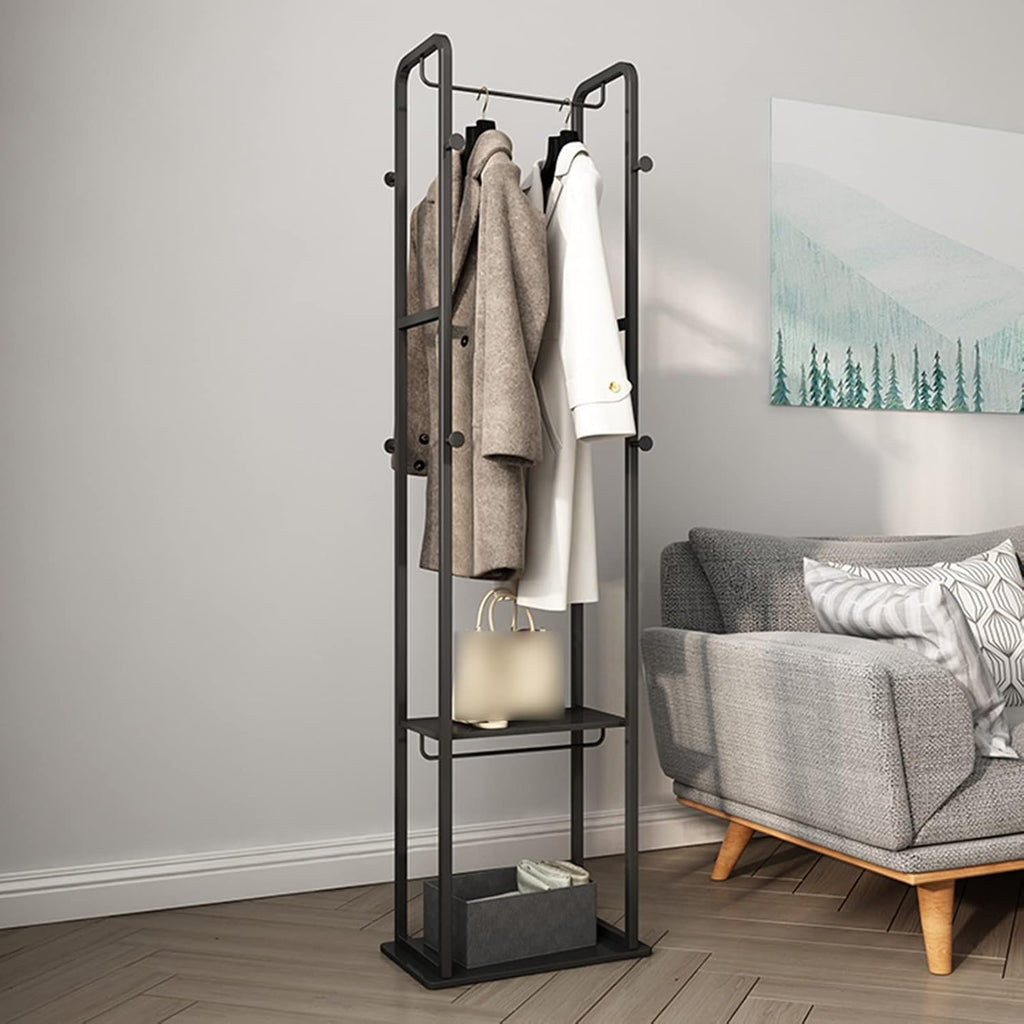 Coat Rack Stand Clothes Rack Stand, Portable Garment Rack, Stable Metal Frame Furniture, Shoe Hat Umbrella Book Storage, Ideal for Bedroom Hall Entry(Black-47x27x175CM