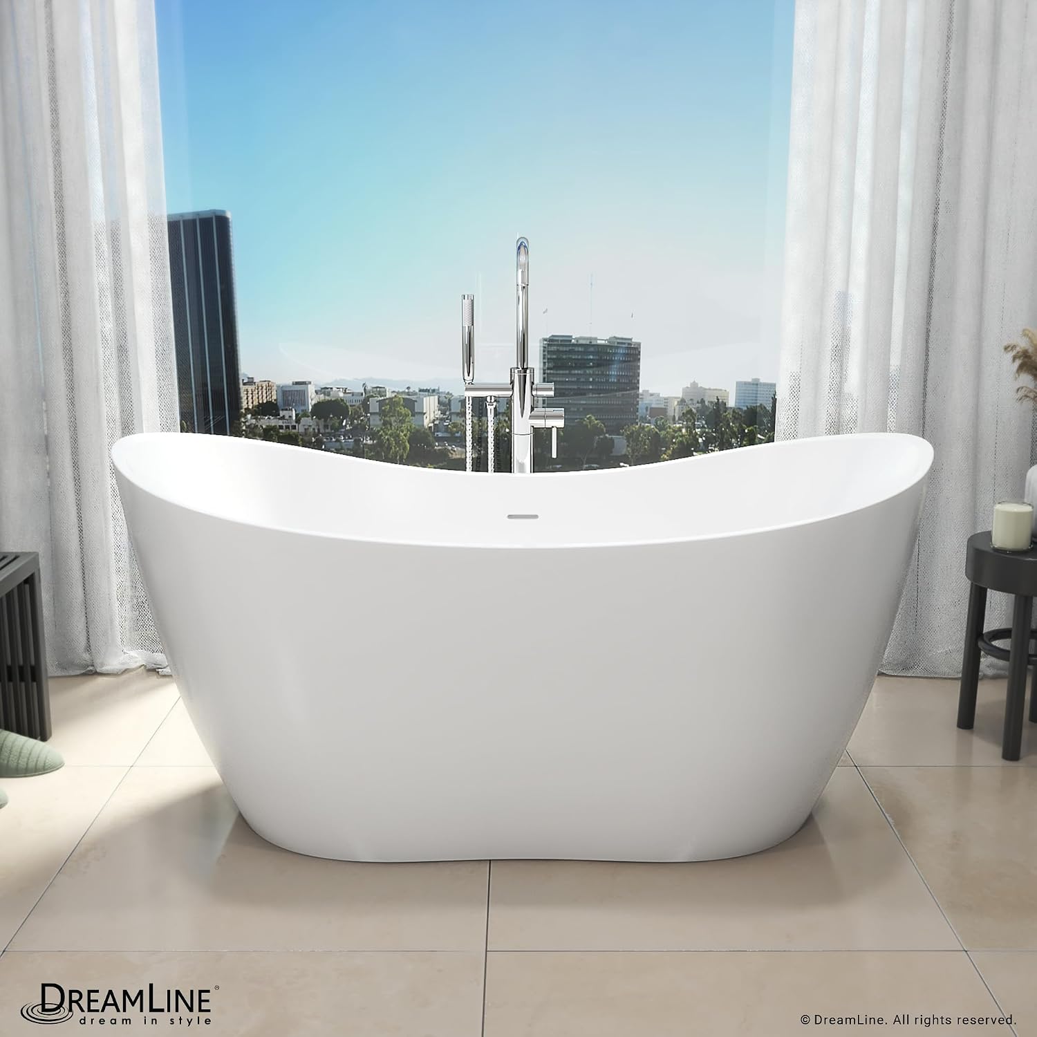 DreamLine Nile 67 inch L x 28 3/8 inch W x 28 3/8 inch H Freestanding Acrylic Bathtub with Brushed Brass Drain