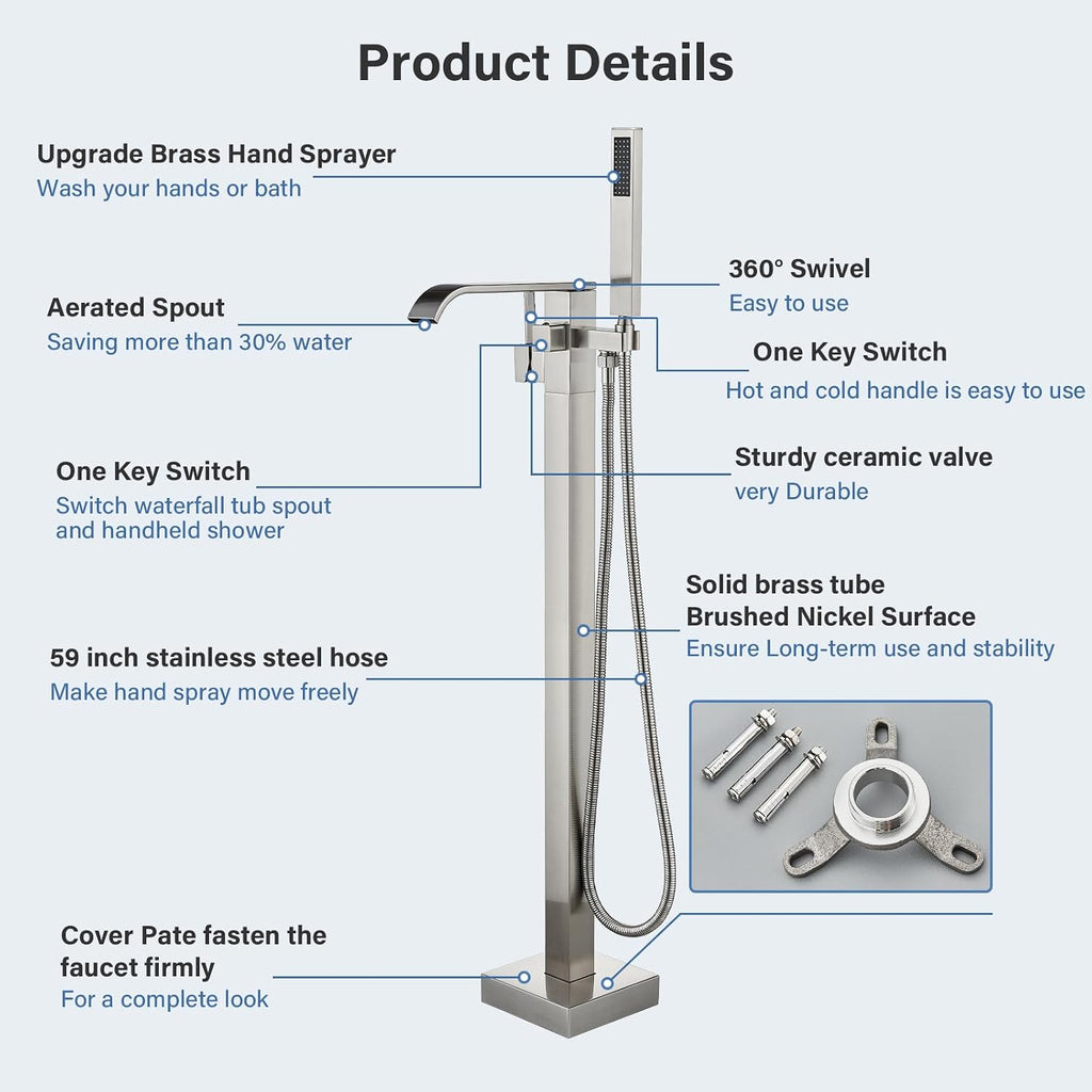 Freestanding Bathtub Faucet Brushed Nickel Tub Filler Floor Mount Single Handle Brass Tap with Handheld Shower and Swivel Mixer Spout