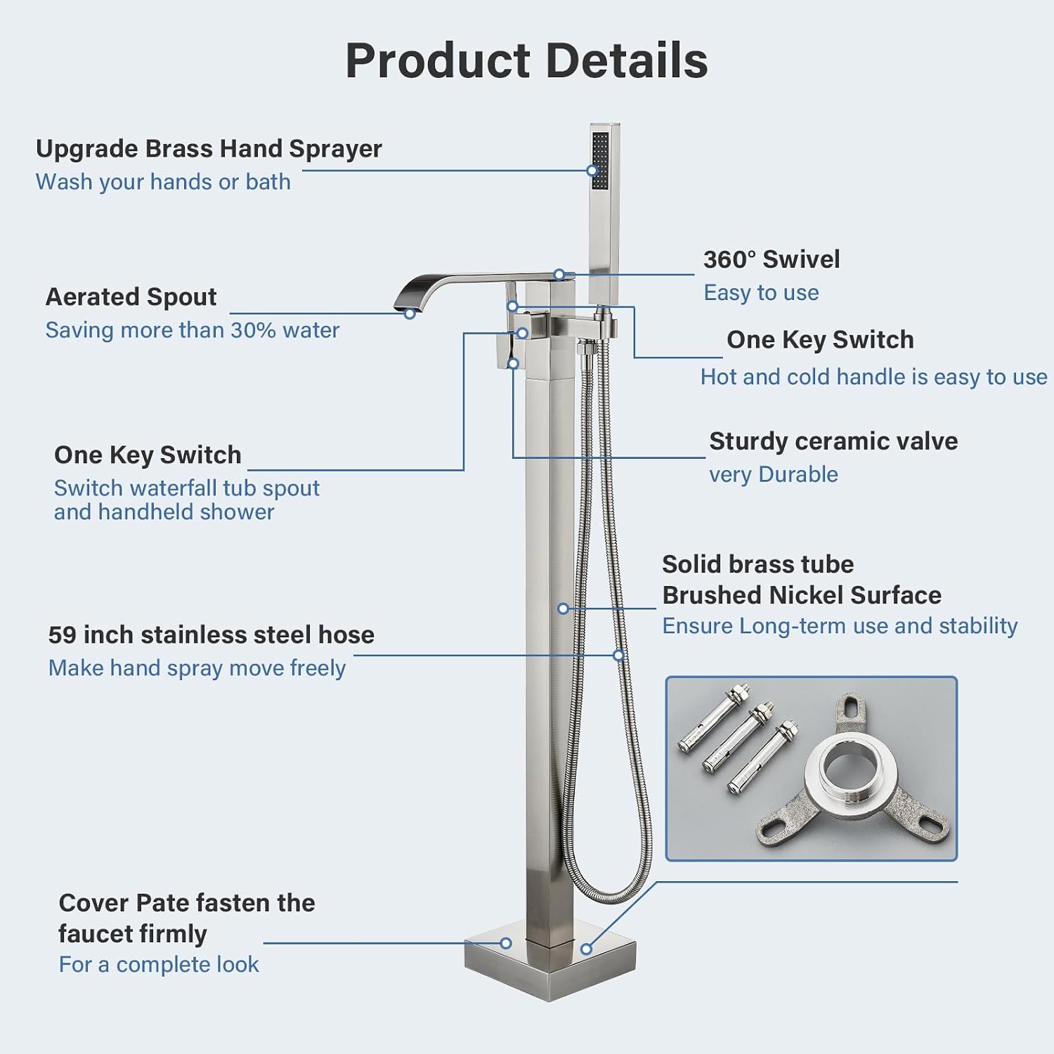 Freestanding Bathtub Faucet Brushed Nickel Tub Filler Floor Mount Single Handle Brass Tap with Handheld Shower and Swivel Mixer Spout
