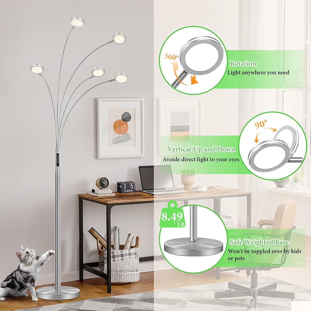 LED Arc Floor Lamp with Remote, 2250LM Dimmable Floor Lamp with Timer, Adjustable Colors, Brightness & 5 Adjustable Arms, Multi-Head Tall Standing Lamp for Living Room Bedroom Office, Satin Nickel