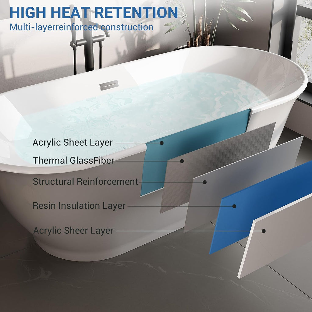 67' Free Standing Tub, Acrylic Soaking Bathtub, Stand Alone Freestanding Tub with Matte Sliver Drain and Overflow, Contemporary Bathtub for Bathroom, Grey