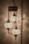 DEMMEX Plug-in Turkish Hanging Lamp, Handmade Moroccan Mosaic Chandelier Pendant Light Fixture with 15-ft Cord & Chain, Decorative Ceiling Lamp for Living Room, Bedroom, 3 Large 7'' Globes, 3.5 ft.
