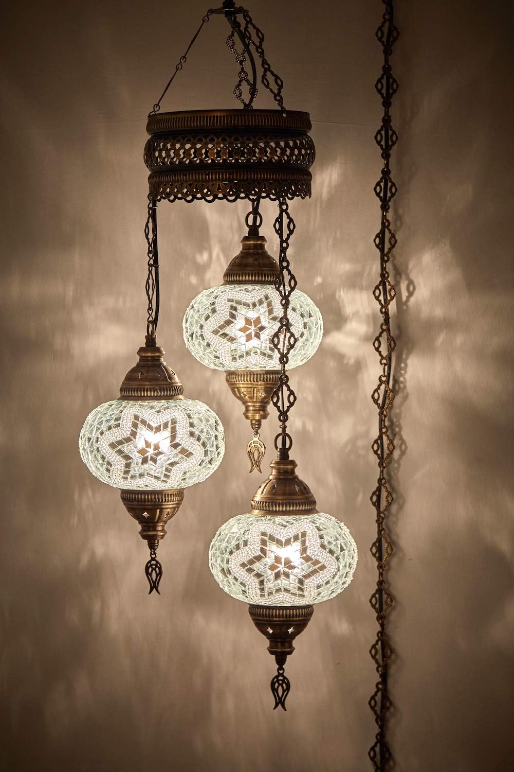 DEMMEX Plug-in Turkish Hanging Lamp, Handmade Moroccan Mosaic Chandelier Pendant Light Fixture with 15-ft Cord & Chain, Decorative Ceiling Lamp for Living Room, Bedroom, 3 Large 7'' Globes, 3.5 ft.
