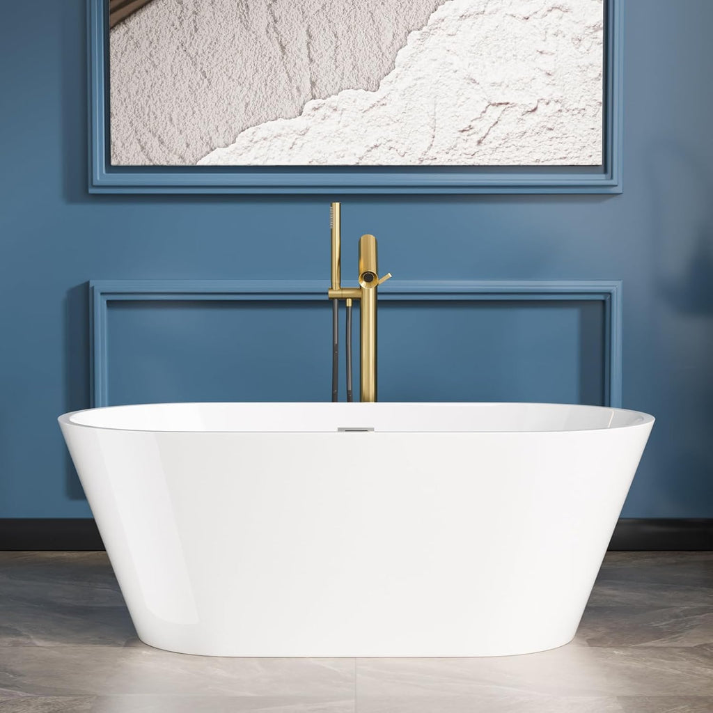 Sarlai 59 Inch Acrylic Freestanding Soaking Bathtub Contemporary Soaking White Tub Stand Alone Ergonomic Bathtub with Black Drain