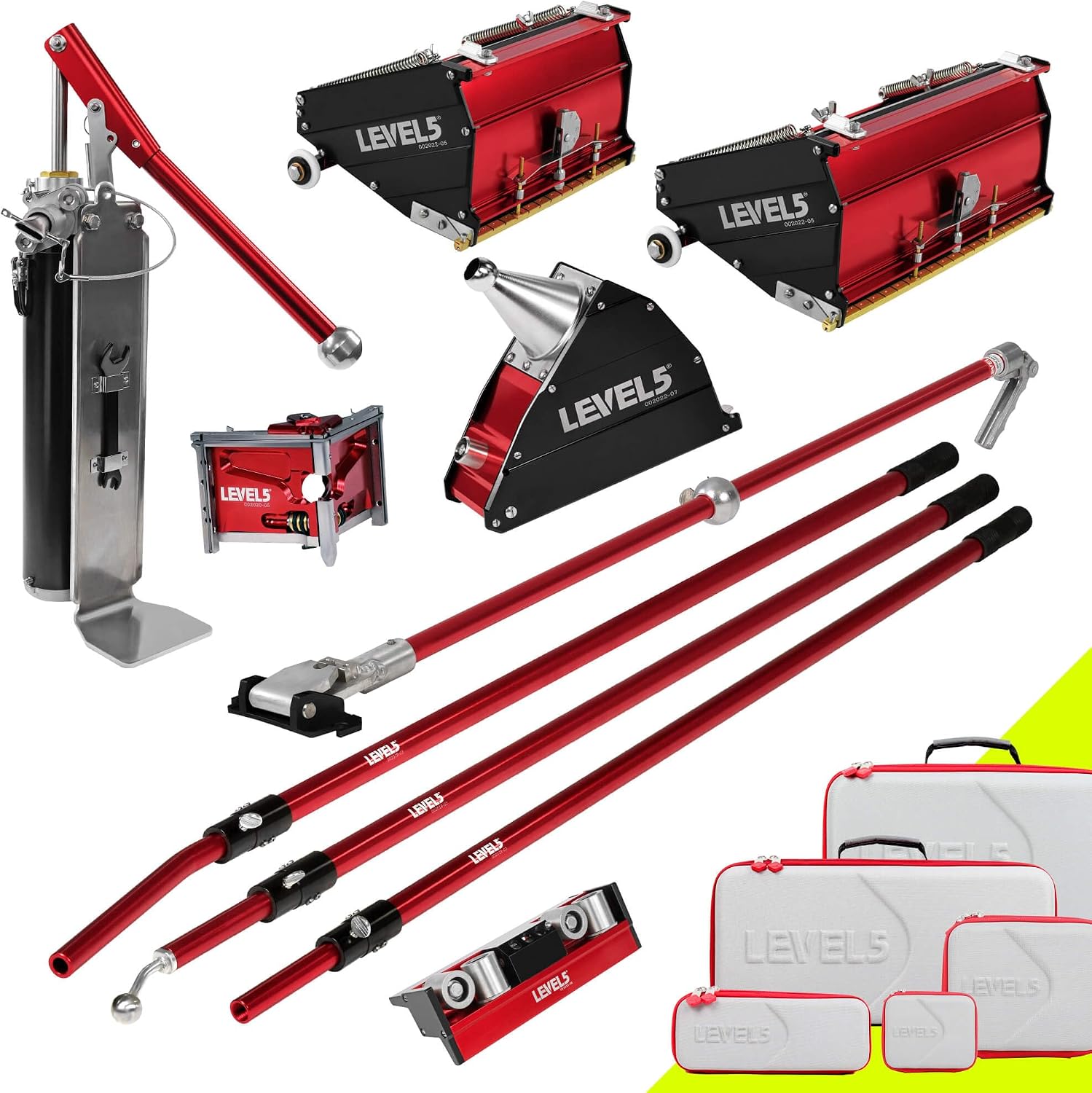Drywall Finishing Set, MEGA Capacity - LEVEL5 | Pro-Grade | 7/10' MEGA Flat Boxes, Box Handle, Corner Roller/Applicator/Finisher, Compound Pump + Filler | 4-612