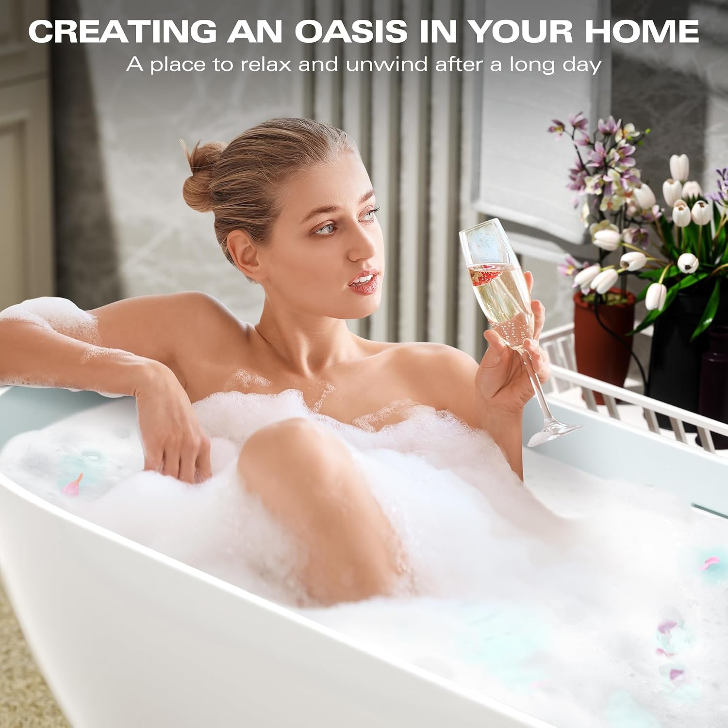 59' Freestanding Solid Bathtub, Luxury Engineered Stone Resin Freestanding Soaking Bathtub with Overflow and Pop up Drain for Bathroom, Matte White 24S03 59MW