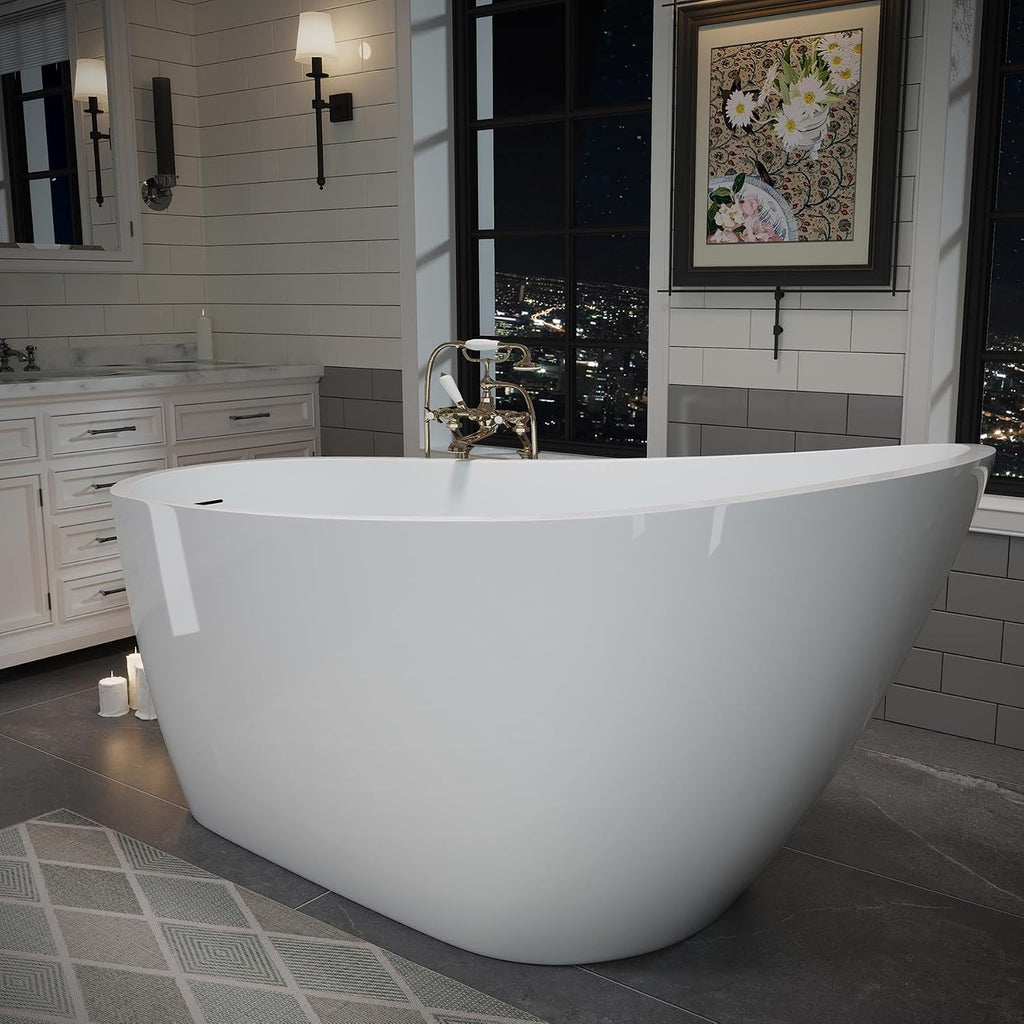 Acrylic Soaking Tub with Pop-up Drain & Integrated Overflow, Freestanding Bathtub with Double-Wall Insulation, Stand Alone Tub, Ergonomic, Easy Install (59')