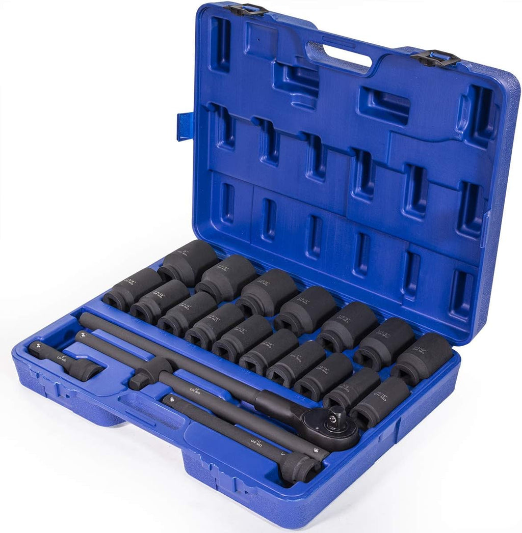 Stark USA 22-Pieces 3/4 Inch Drive Deep Impact Socket Set Cr-Mo Steel SAE Socket Extension Bar Sliding T-Bar (7/8' to 2' inch) with Carrying Case