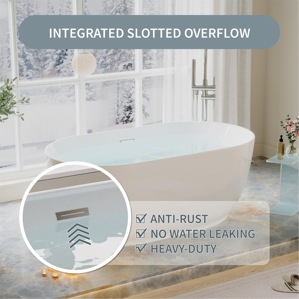 WELLFOR 59 Inch Acylic Freestanding Bathtub, 68 Gallons Capacity Soacking Bathtub with Chrome Bathtub Drain and Groove Overflow, Freestanding Soaking Tub for 1 Person, Glossy White