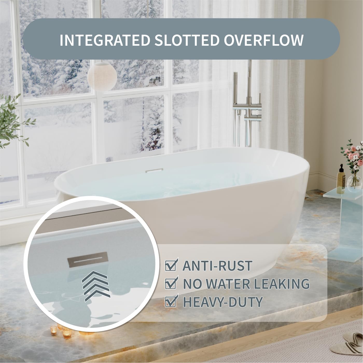 WELLFOR 59 Inch Acylic Freestanding Bathtub, 68 Gallons Capacity Soacking Bathtub with Chrome Bathtub Drain and Groove Overflow, Freestanding Soaking Tub for 1 Person, Glossy White