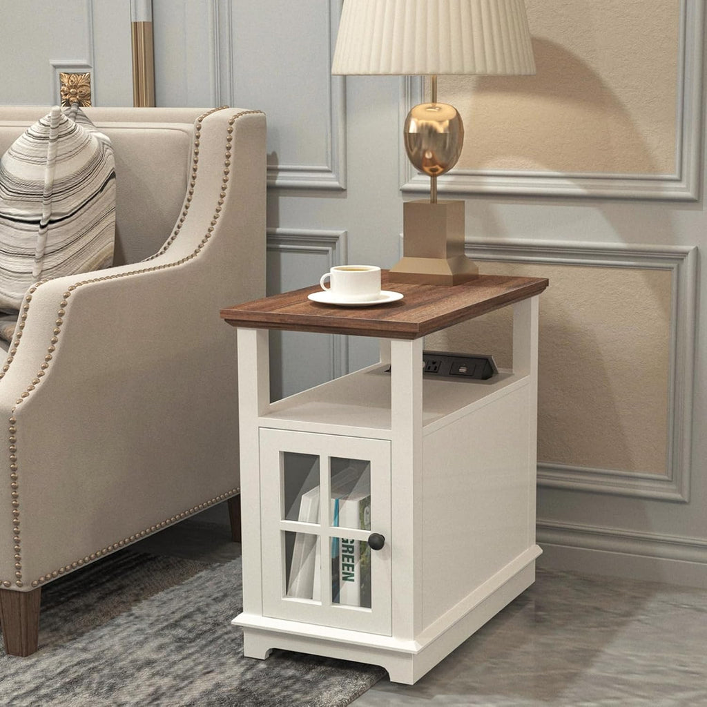 FAGAGA Side Table with Fast Charging Station, End Table with 2 Power outlets & USB Ports, Bedside Table with Semi-Open Storage, Wooden Nightstand for for Living Room/Bedroom/Office