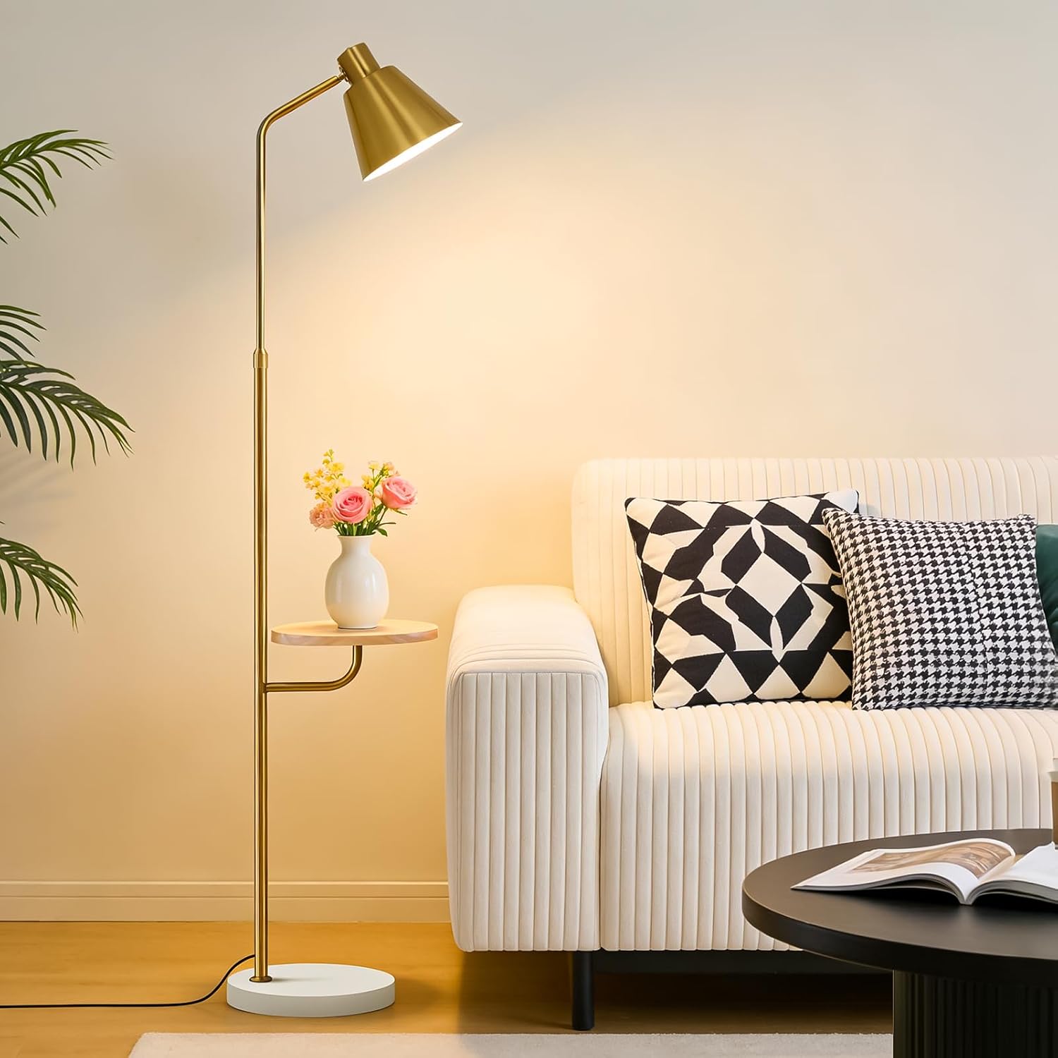 Gold Brushed Floor Lamp with Side Table for Living Room Bedroom, Modern Standing Lamp 12W LED 3-Color Dimmable 3000K/4500K/6500K, Adjustable Gooseneck Reading Light with Wood Shelf for Office Corner